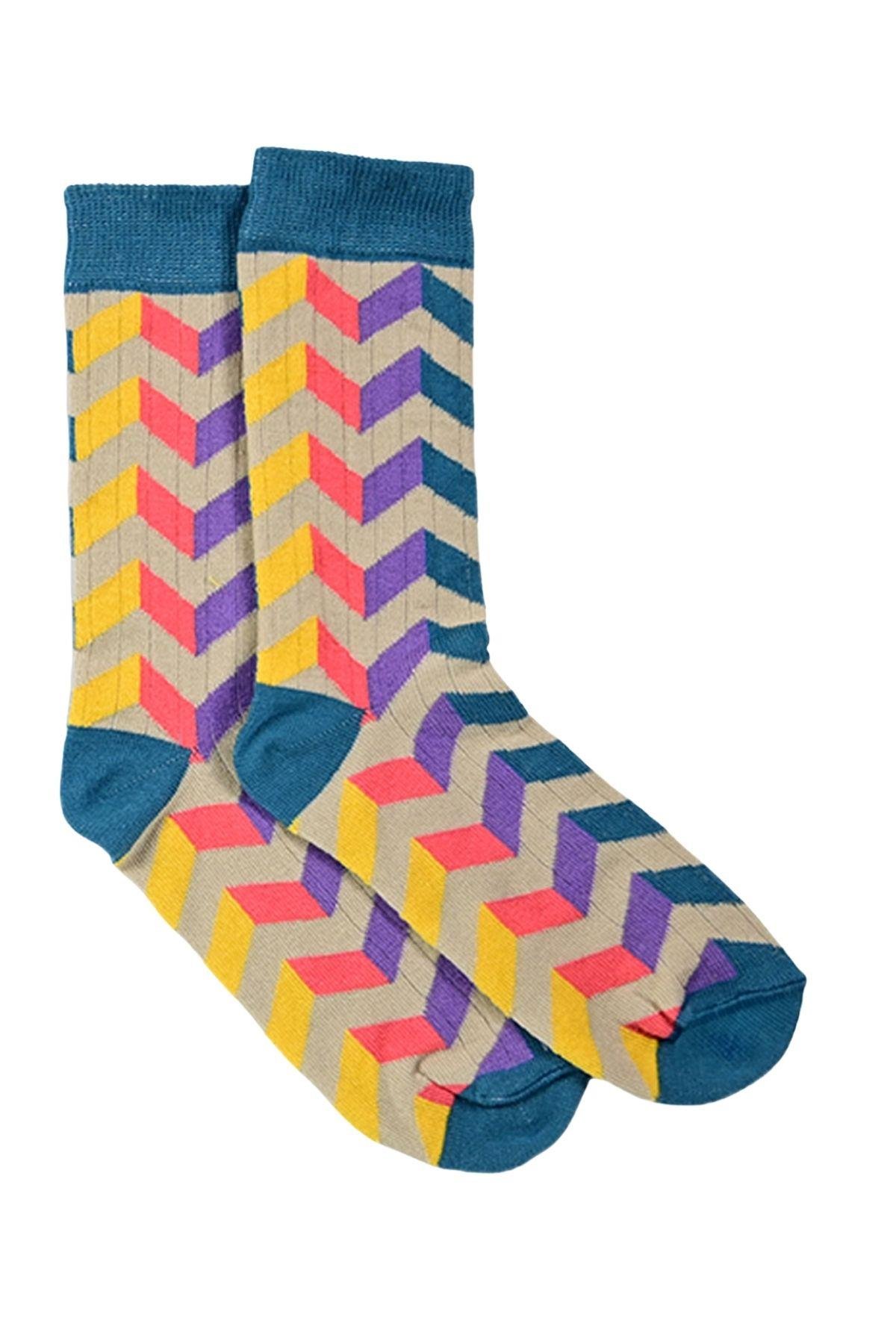 Kadın Yeşil-Mor Zikzak Desenli Soket Çorap