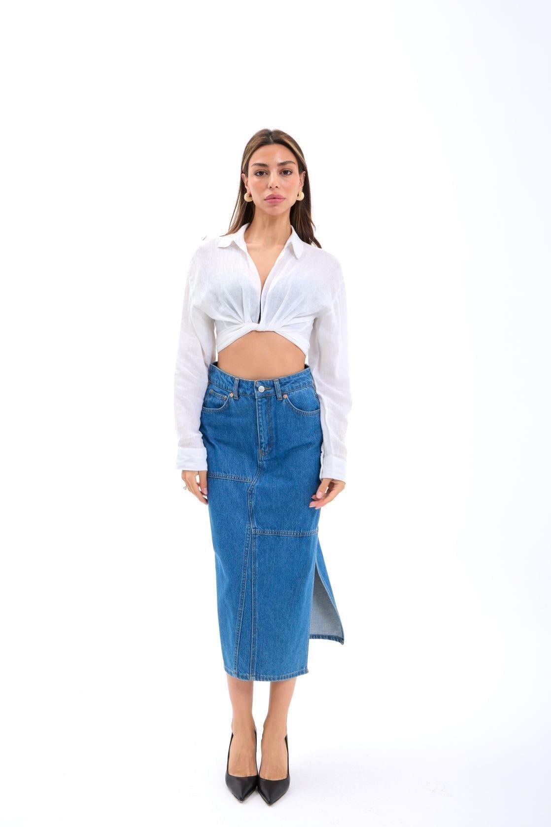 6900 SLIPPED MIDI SKIRT-MAVİ