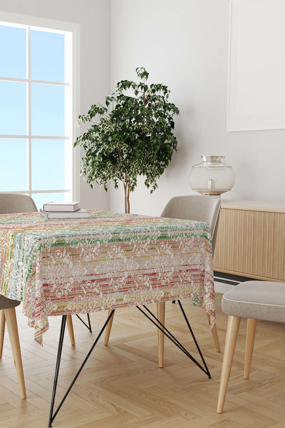 Beyaz Çok Renkli Damask Desenli Masaörtüsü CGH067-MS