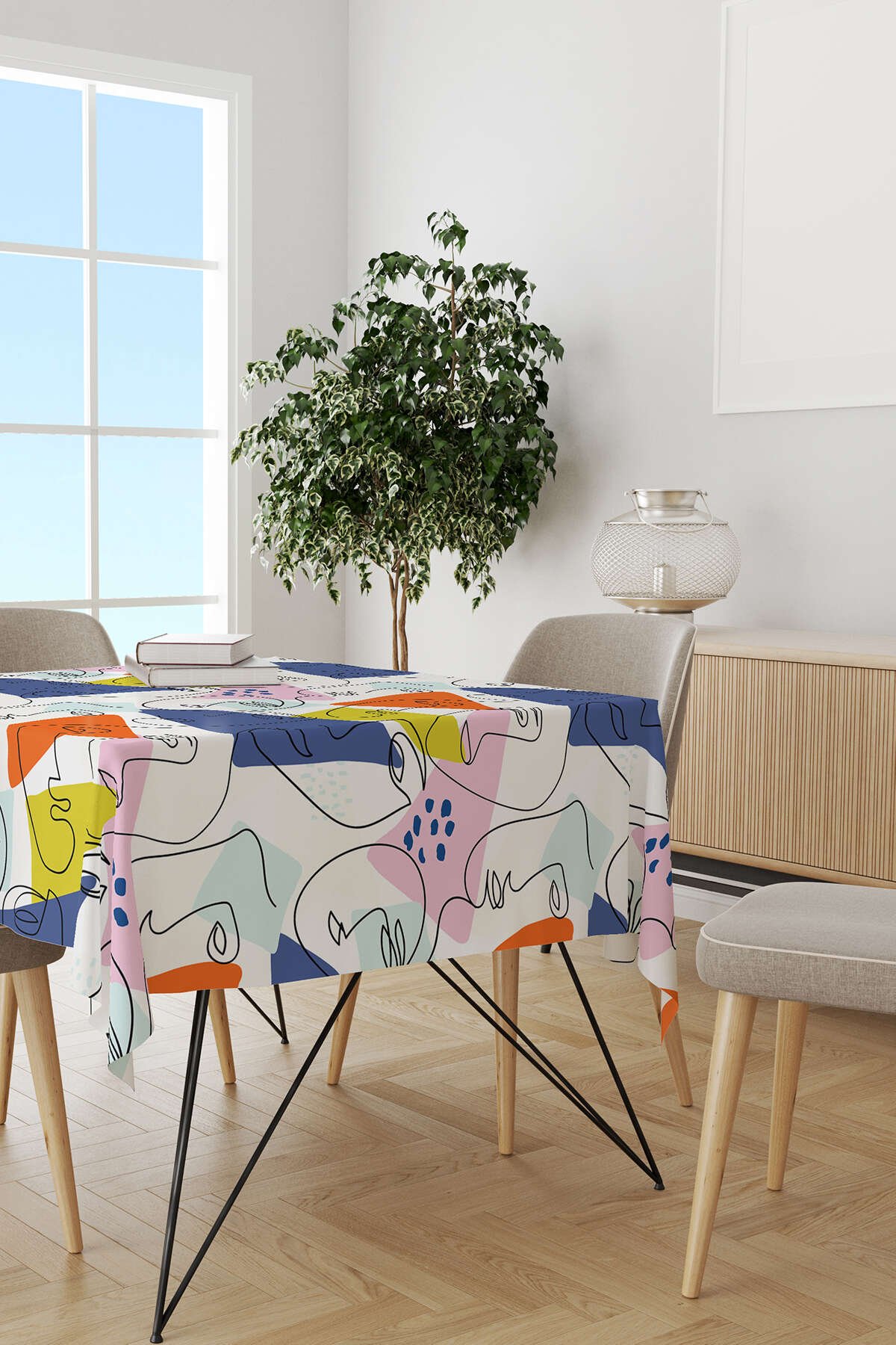Beyaz Çok Renkli Modern Siluet Desenli Dijital Baskılı Masaörtüsü CGH1097-MS
