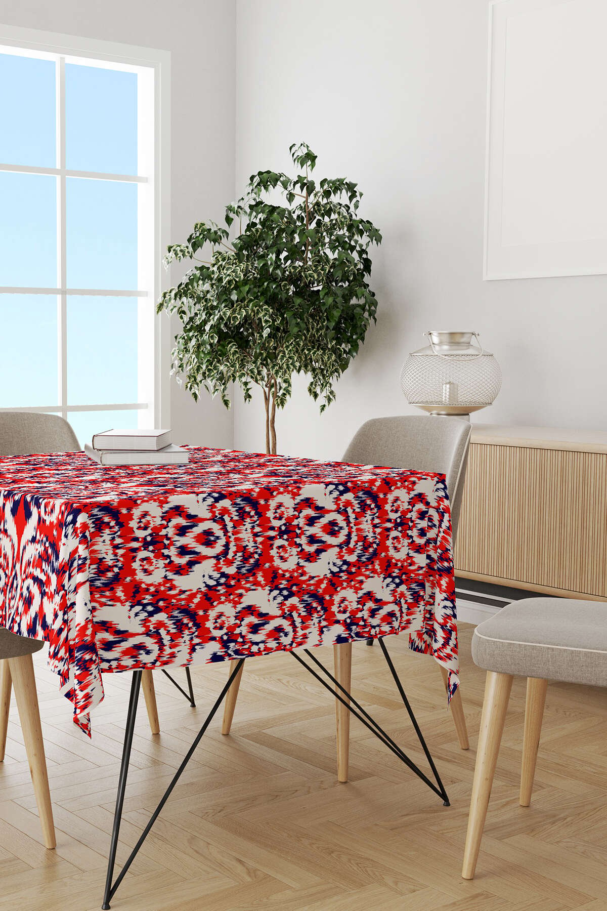 Beyaz Kırmızı Damask Desenli Masaörtüsü CGH081-MS