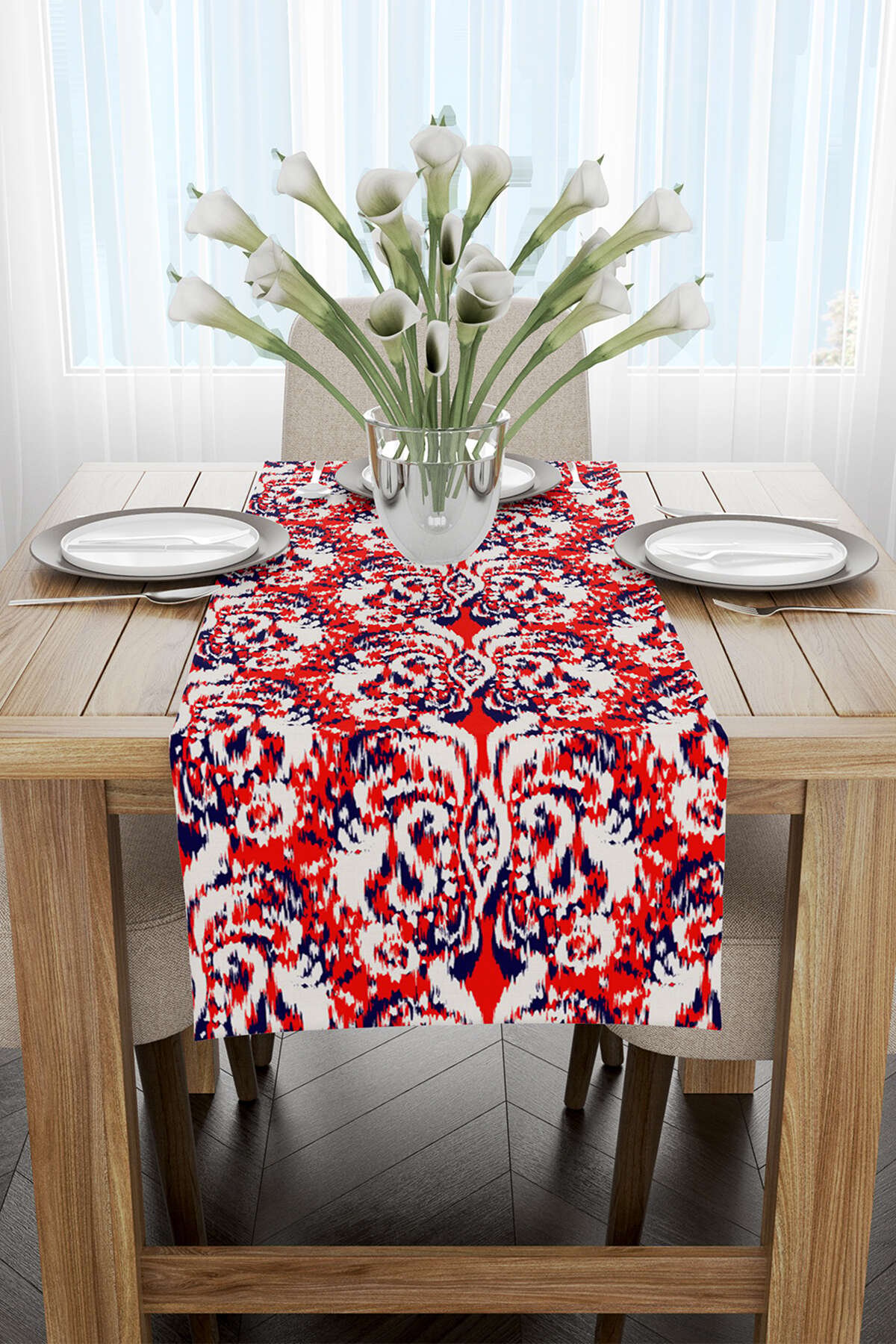 Beyaz Kırmızı Damask Desenli Runner - CGH081-RN