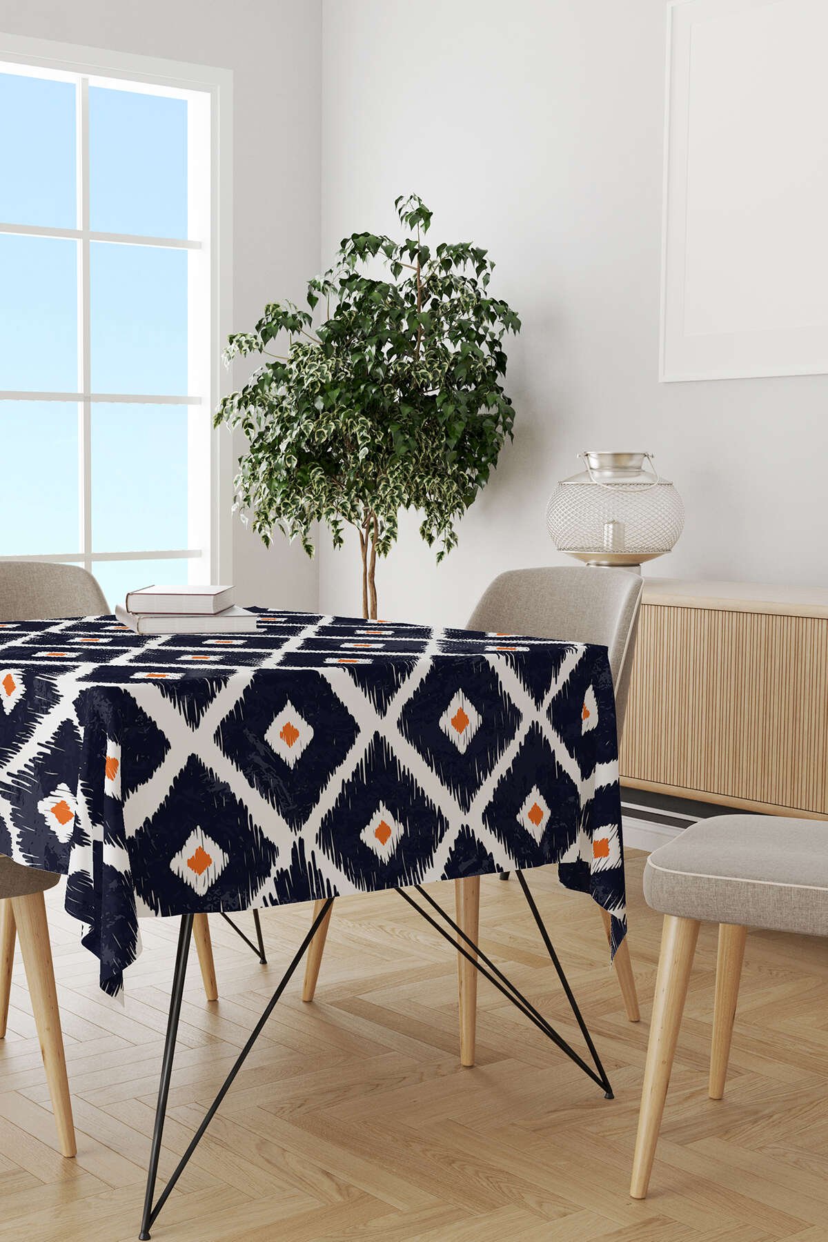 Beyaz Lacivert Modern Baklava Desenli Masaörtüsü CGH340-MS