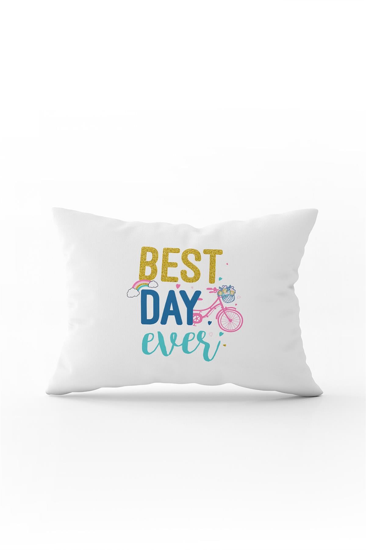 Beyaz Mavi Best Day Ever Dijital Baskı Kırlent Yastık Kılıfı - CGH456-3550 Çift Tarafı Baskılı