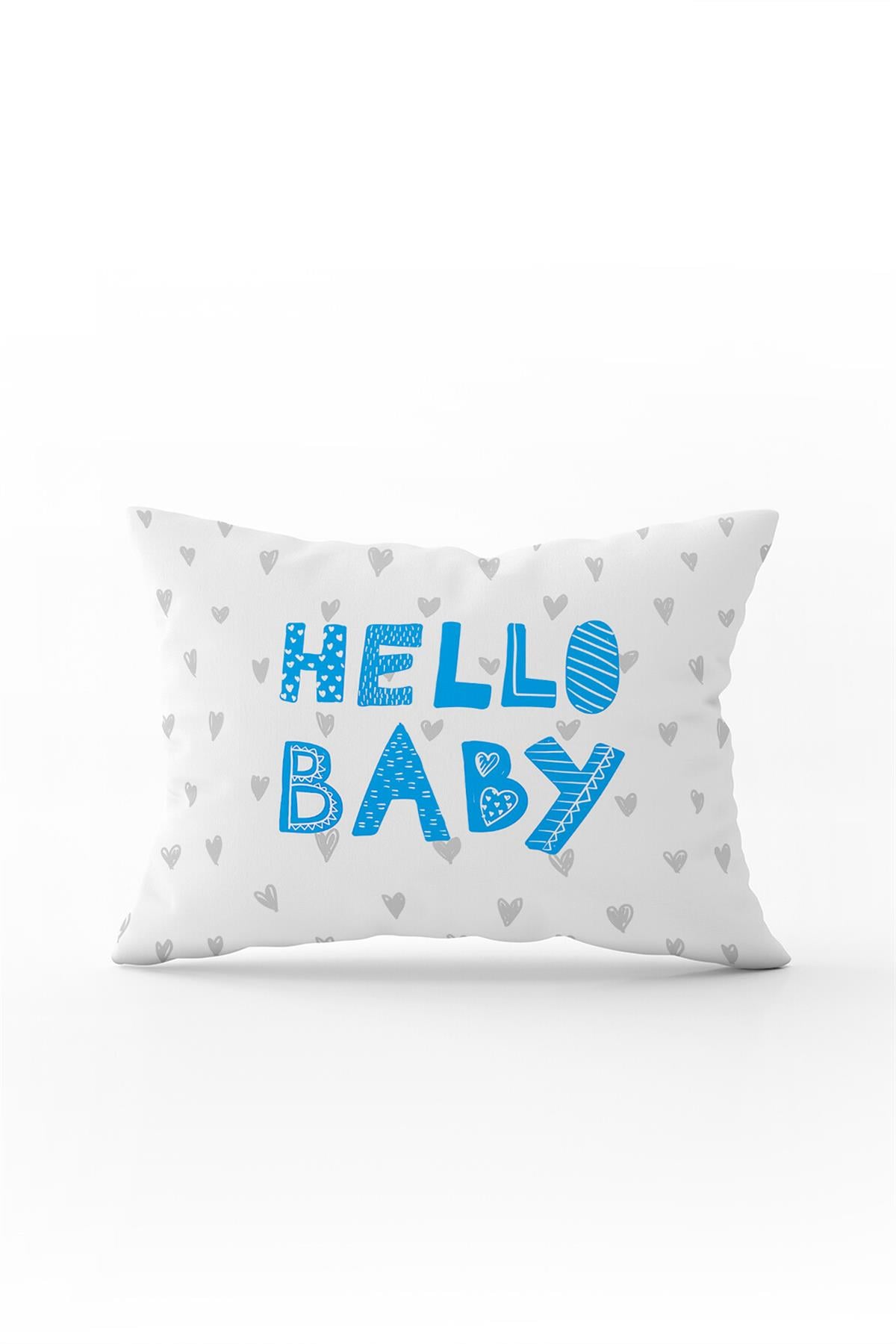 Beyaz Mavi Hello Baby Yazılı Dijital Baskı Kırlent Yastık Kılıfı - CGH434-3550 Çift Tarafı Baskılı