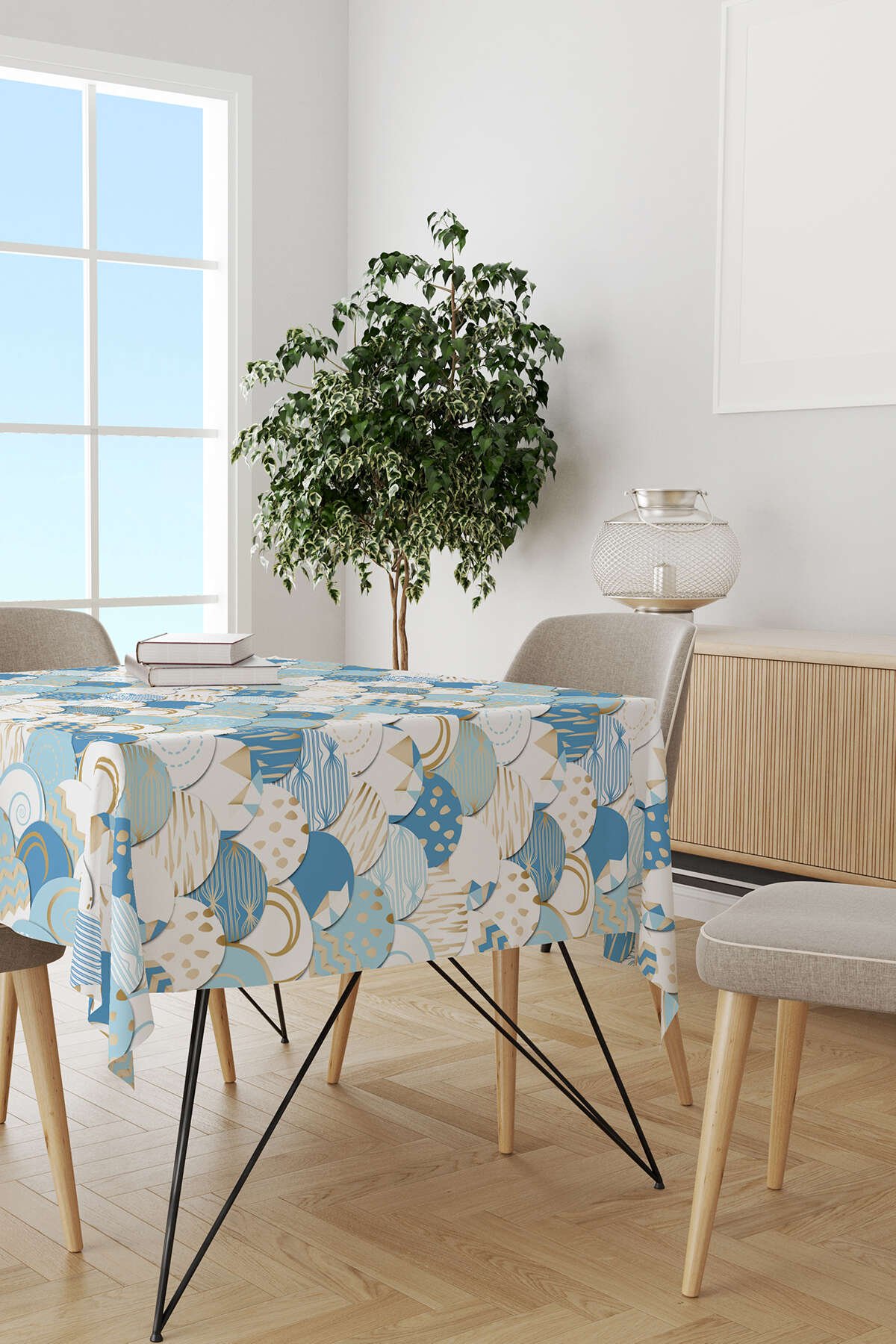 Beyaz Mavi Modern Dekoratif Desenli Dijital Baskılı Masaörtüsü CGH603-MS