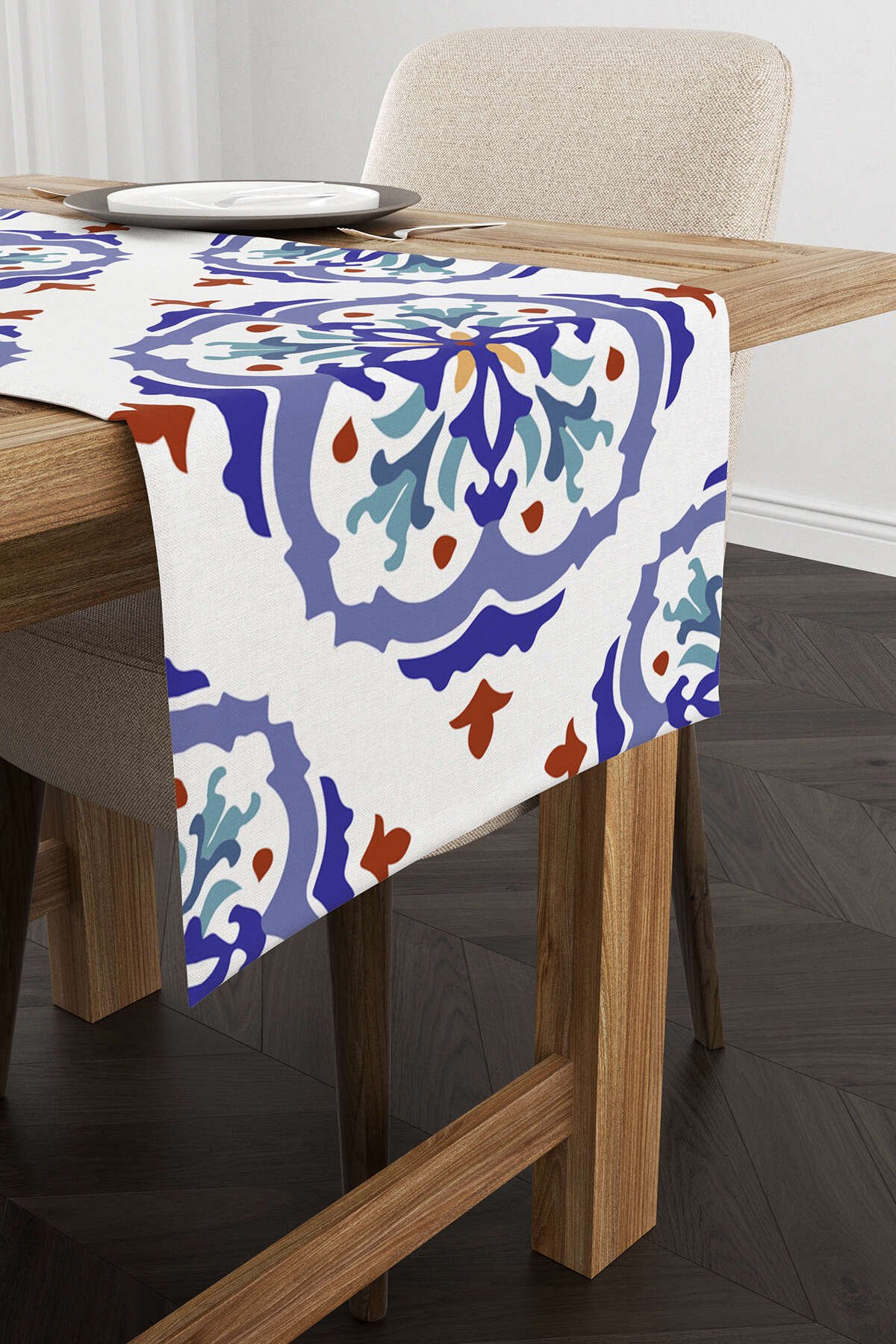 Beyaz Mavi Modern Etnik Karo Desenli Dijital Baskılı Runner CGH574-RN