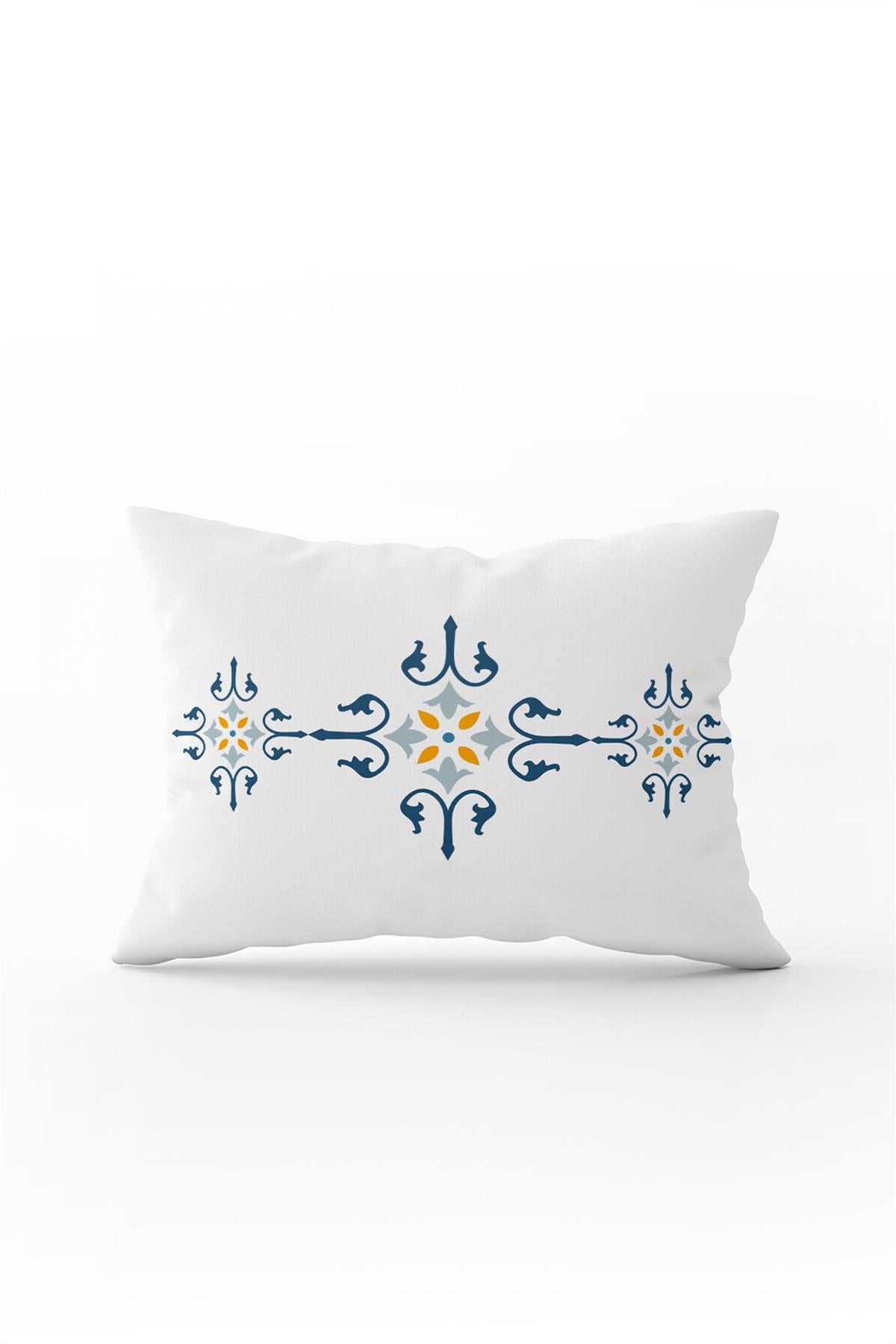 Beyaz Mavi Modern Etnik Karo Desenli Dijital Baskılı Kırlent Kılıfı-CGH579-3550 Çift Tarafı Baskılı