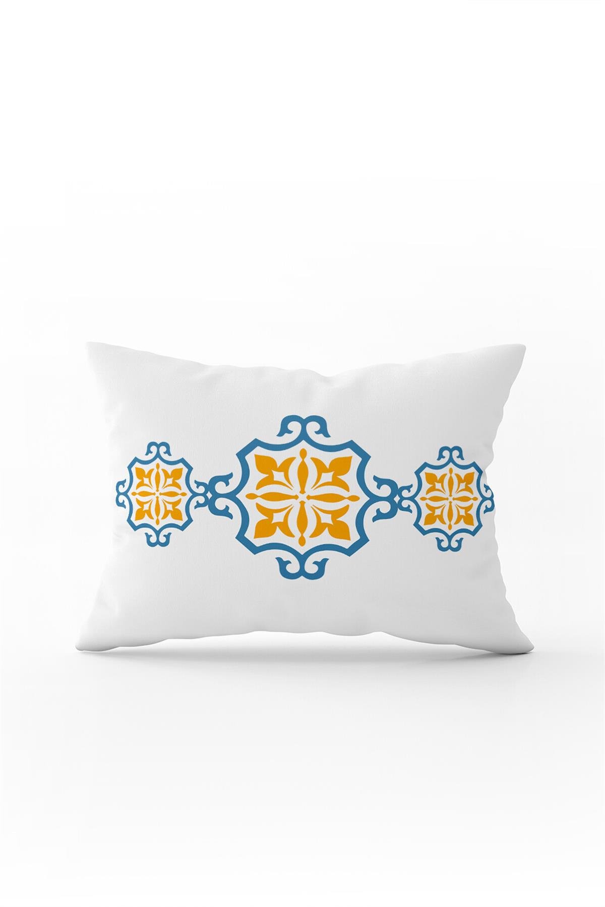 Beyaz Mavi Modern Etnik Karo Desenli Dijital Baskılı Kırlent Kılıfı-CGH578-3550 Çift Tarafı Baskılı