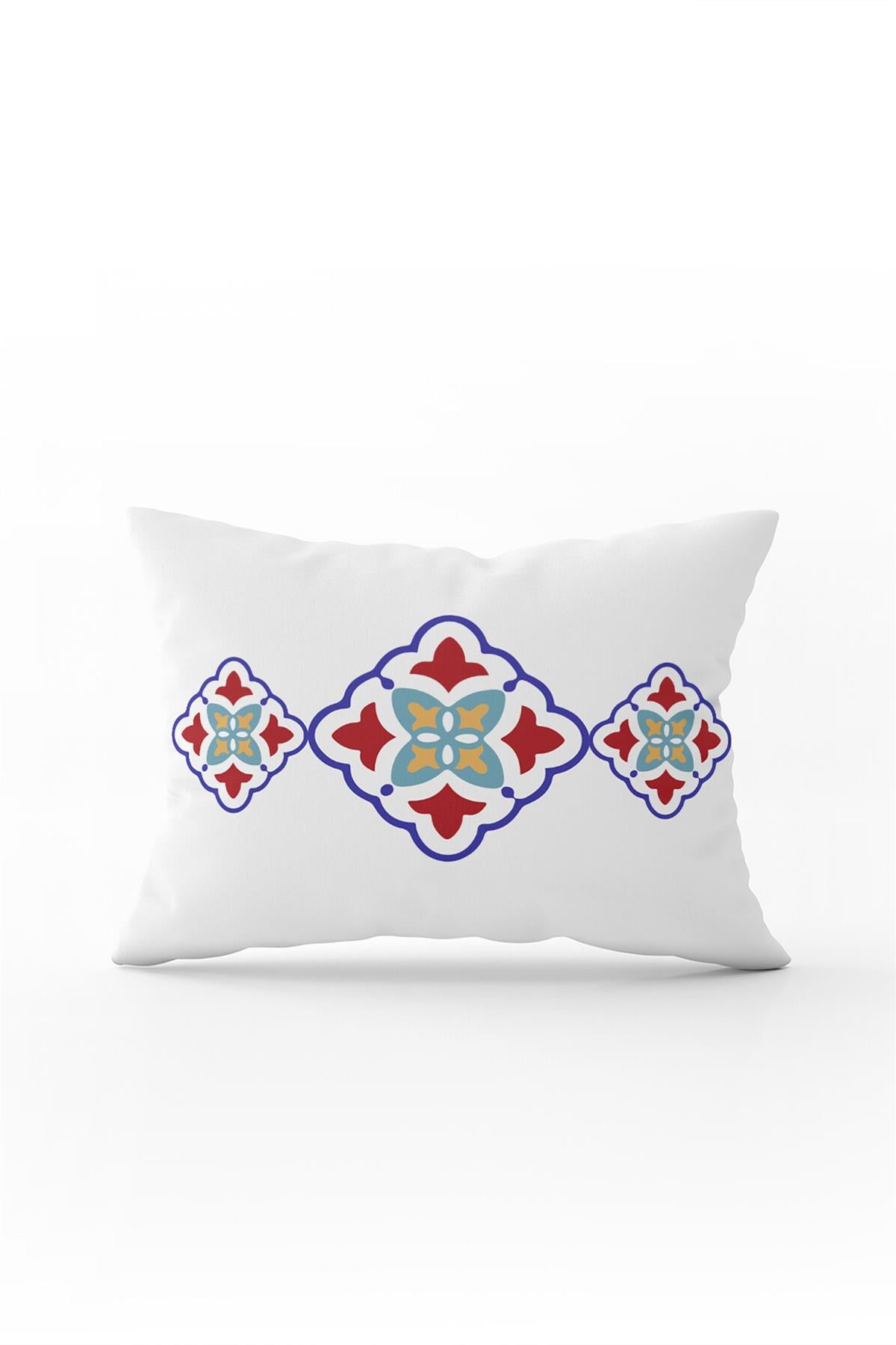 Beyaz Mavi Modern Etnik Karo Desenli Dijital Baskılı Kırlent Kılıfı-CGH572-3550 Çift Tarafı Baskılı