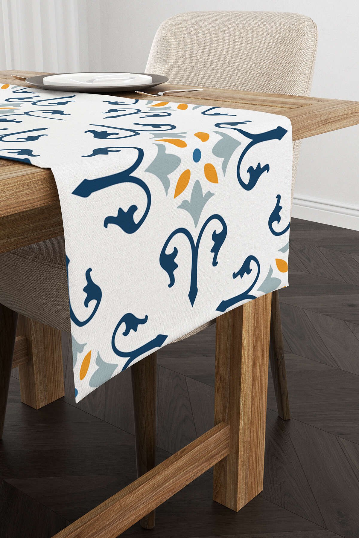 Beyaz Mavi Modern Etnik Karo Desenli Dijital Baskılı Runner CGH579-RN