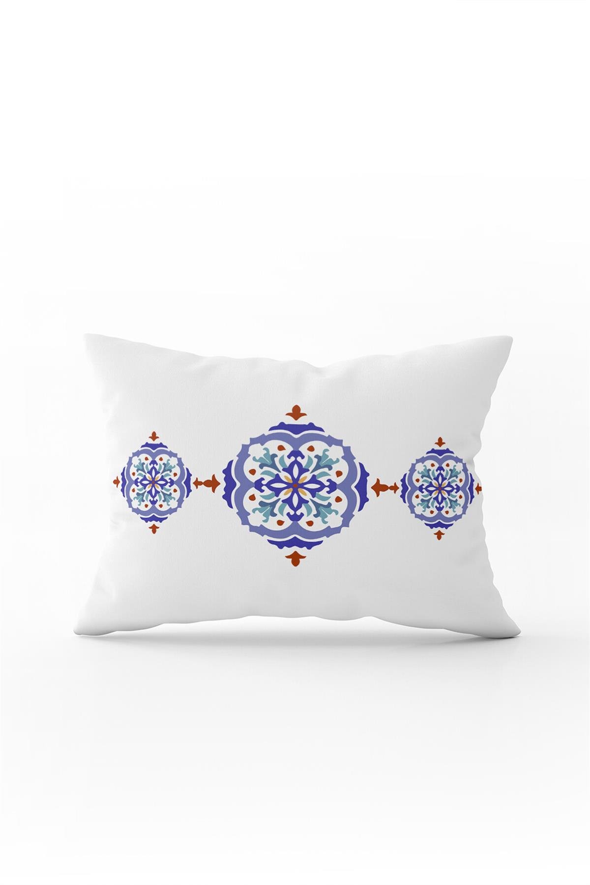 Beyaz Mavi Modern Etnik Karo Desenli Dijital Baskılı Kırlent Kılıfı-CGH574-3550 Çift Tarafı Baskılı