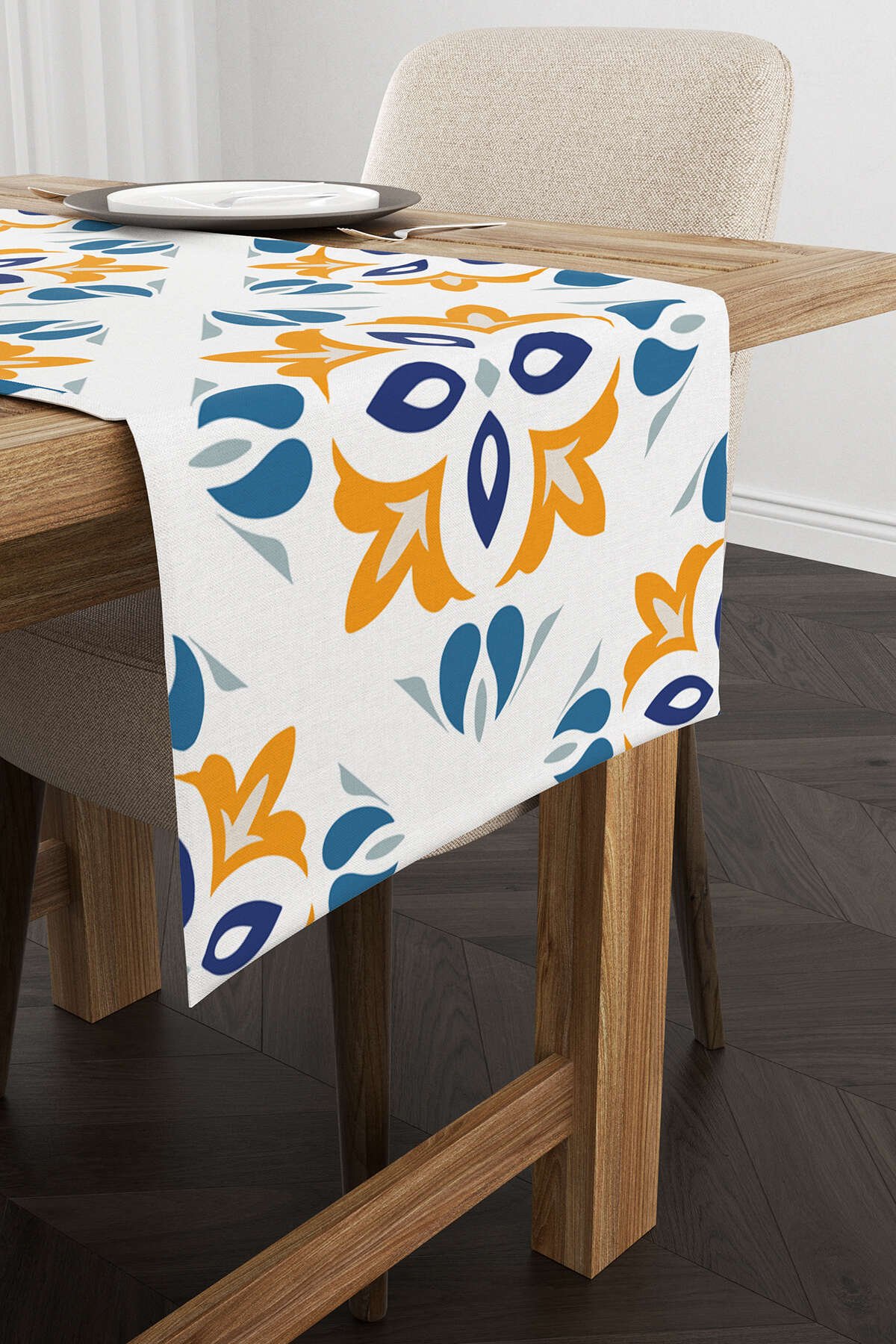 Beyaz Mavi Modern Etnik Karo Desenli Dijital Baskılı Runner CGH564-RN