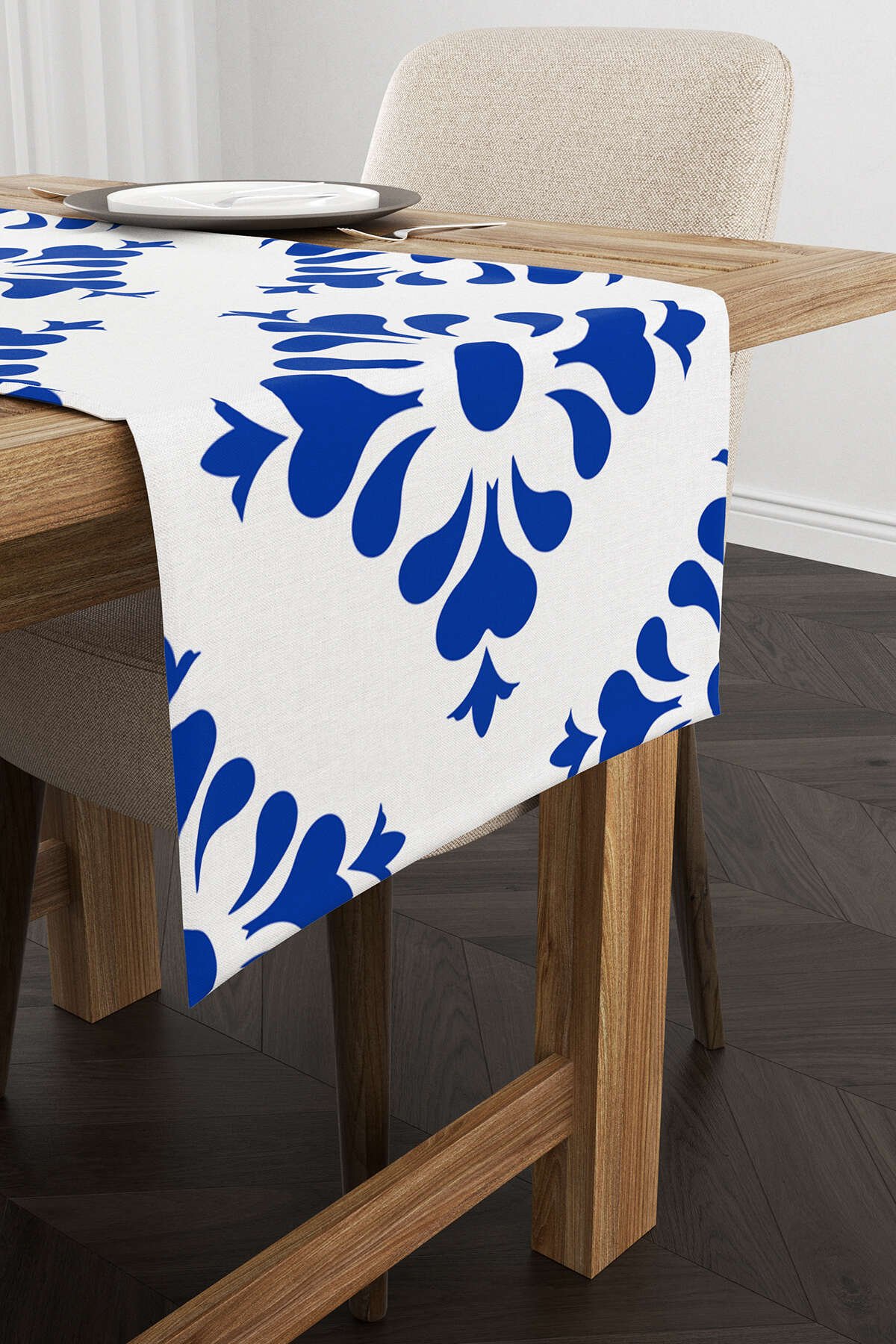 Beyaz Mavi Modern Etnik Karo Desenli Dijital Baskılı Runner CGH569-RN