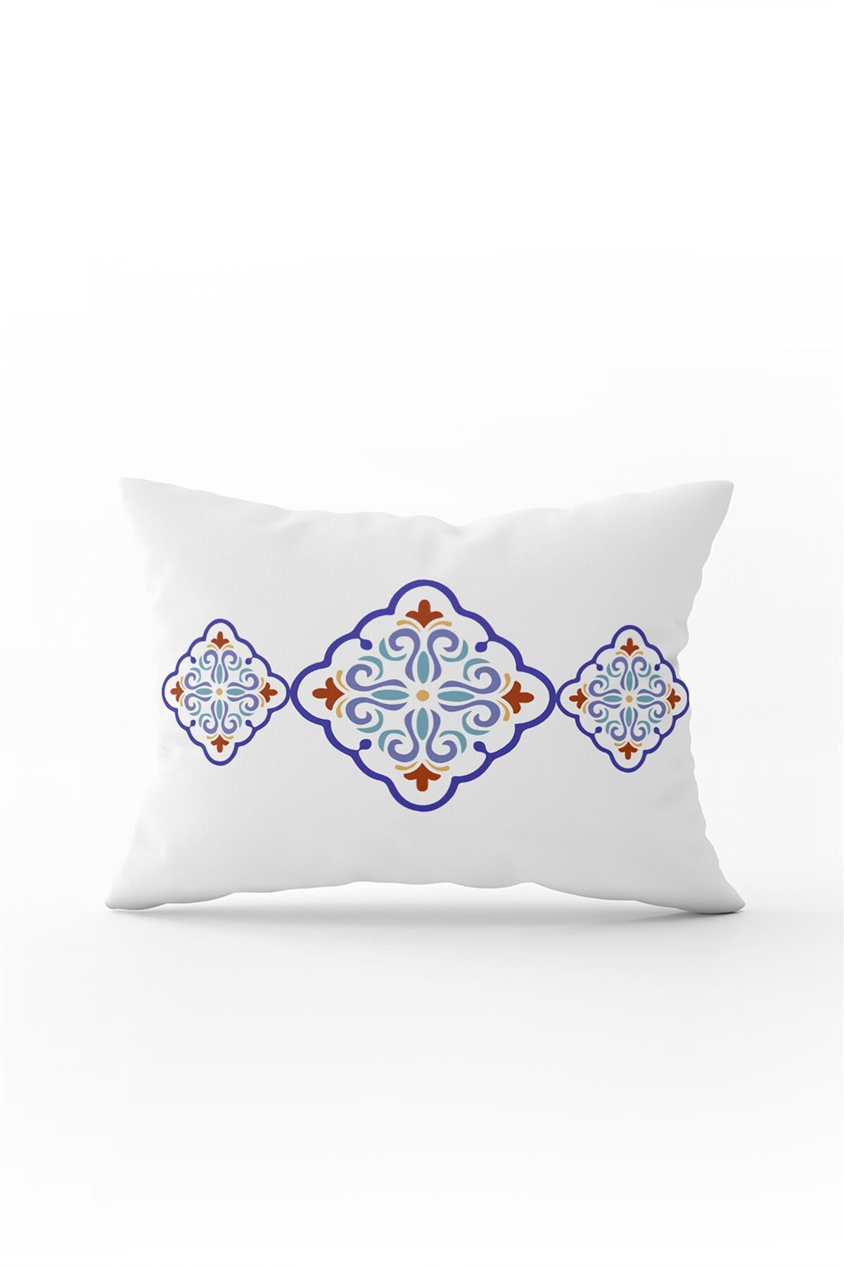 Beyaz Mavi Modern Etnik Karo Desenli Dijital Baskılı Kırlent Kılıfı-CGH573-3550 Çift Tarafı Baskılı