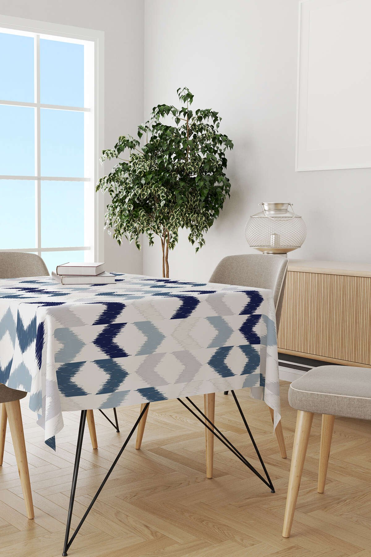Beyaz Mavi Modern Geometrik Desenli Masaörtüsü CGH341-MS