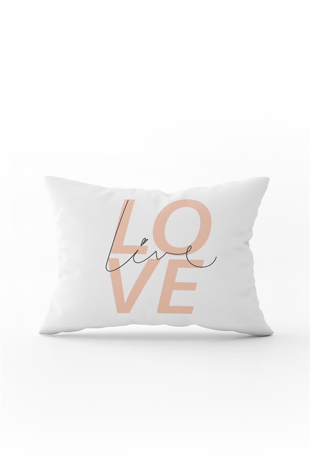 Beyaz Pembe Modern Live Love Dijital Baskılı Kırlent Kılıfı - CGH329-3550 Çift Tarafı Baskılı