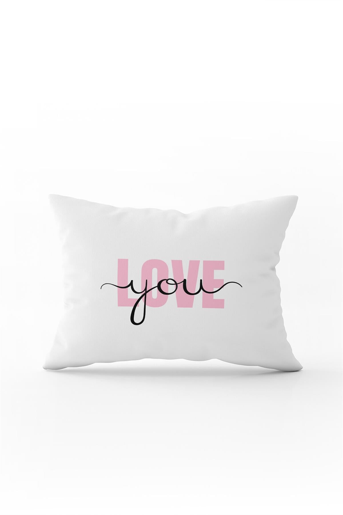 Beyaz Pembe Modern Love You Dijital Baskılı Kırlent Kılıfı - CGH338-3550 Çift Tarafı Baskılı
