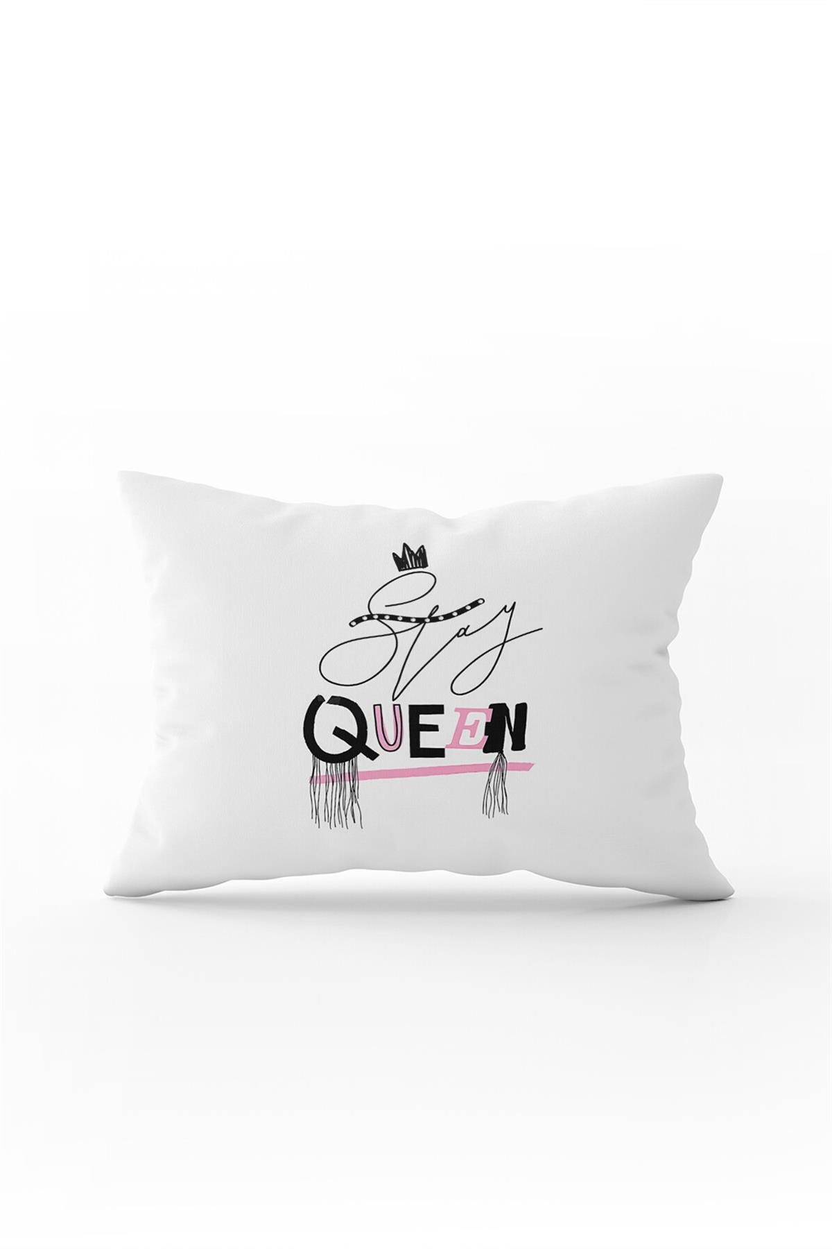 Beyaz Pembe Modern Stay Queen  Yazılı Dijital Baskı Kırlent Yastık Kılıfı - CGH437-3550 Çift Tarafı Baskılı
