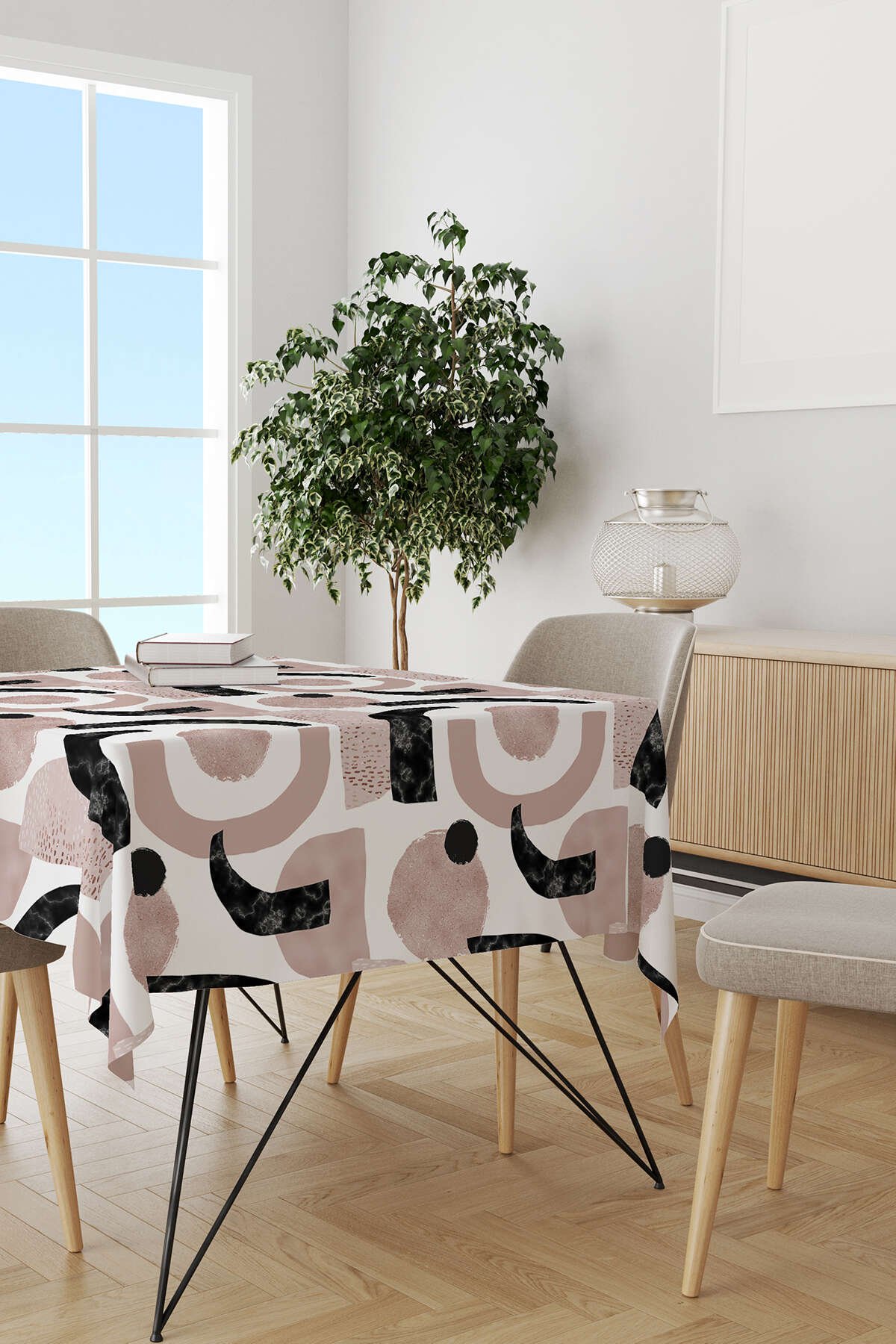Beyaz Pembe Soyut Modern Desenli Dijital Baskılı Masaörtüsü CGH492-MS
