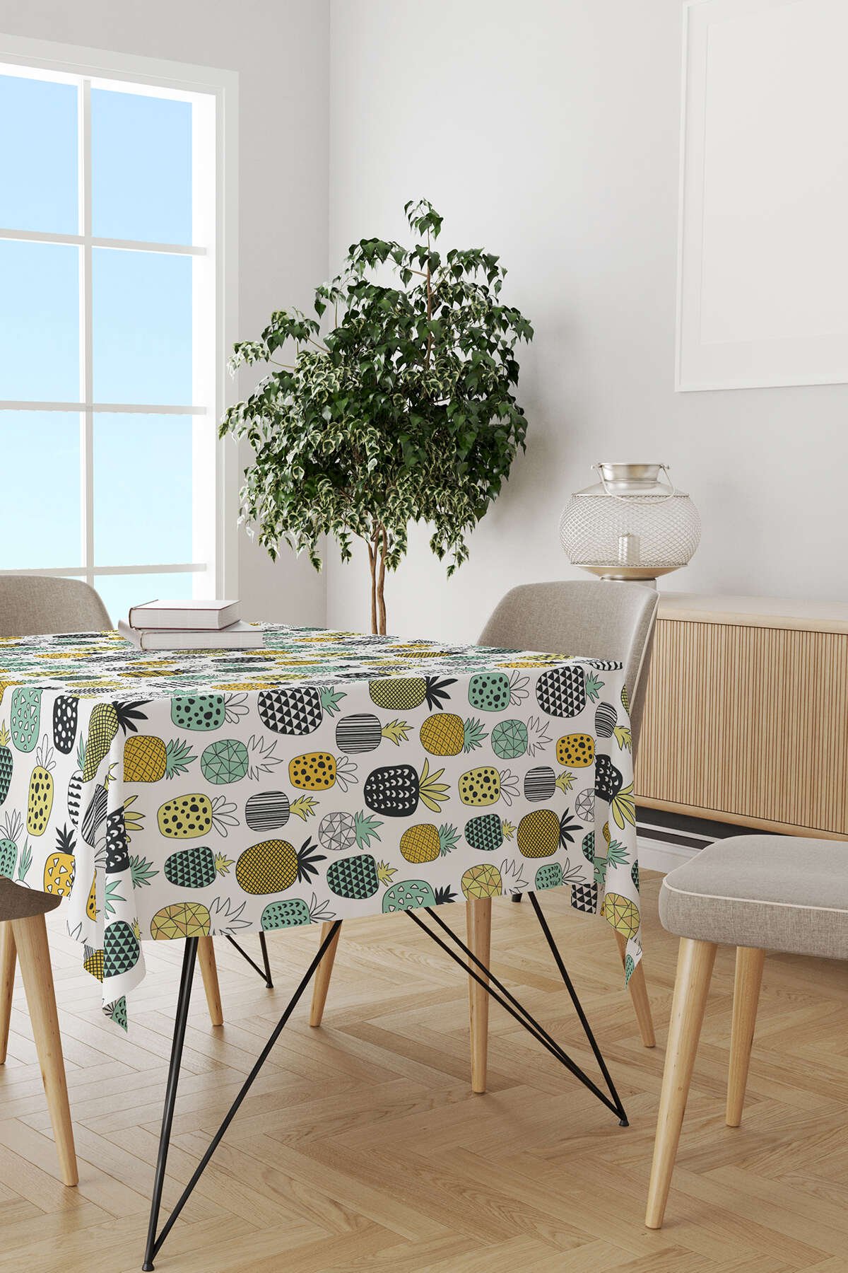 Beyaz Sarı Ananas Desenli Dijital Baskılı Masaörtüsü  CGH596-MS
