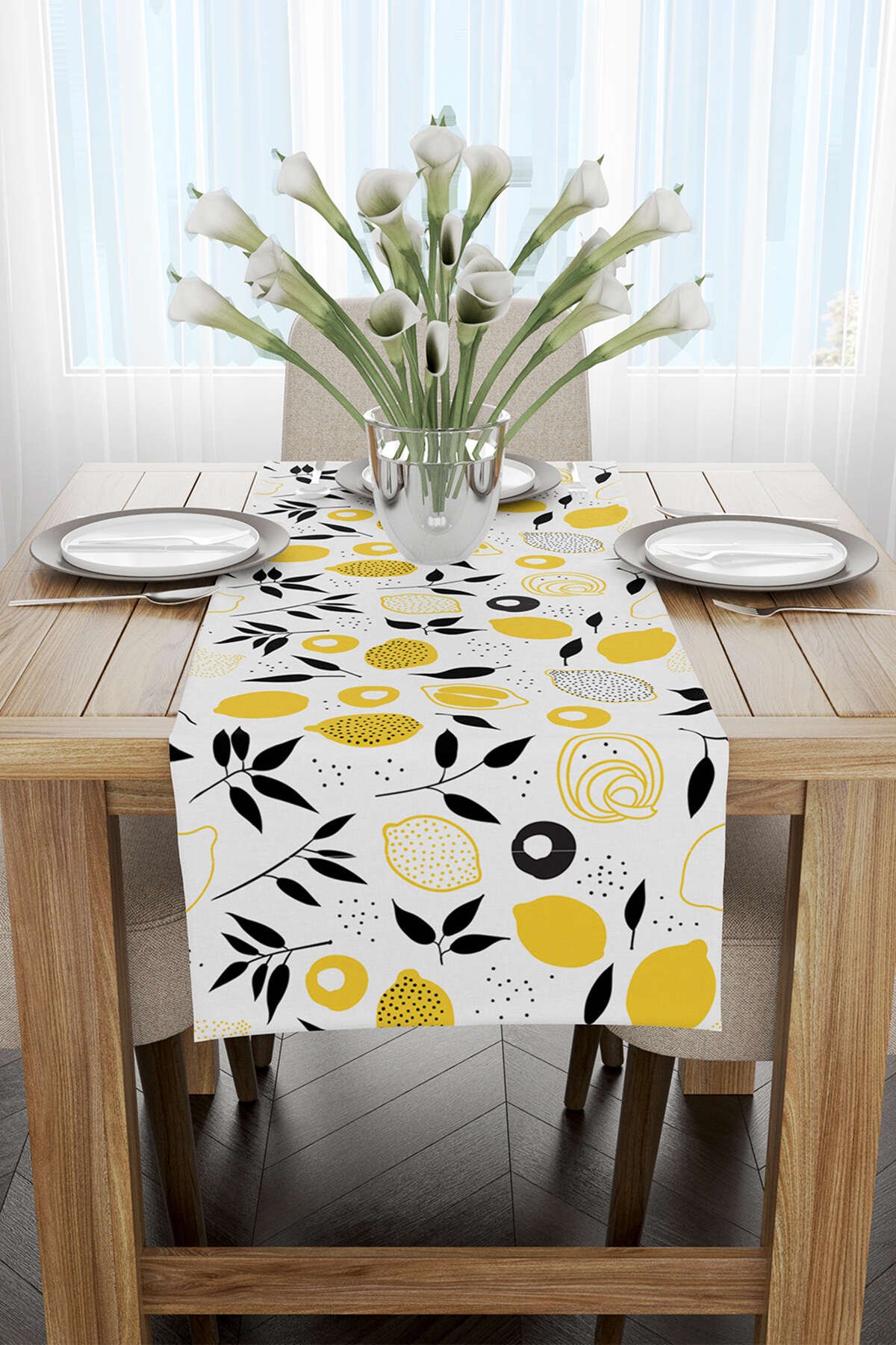 Beyaz Sarı Limon Desenli Dijital Baskılı Runner  - OYTYK925-RN