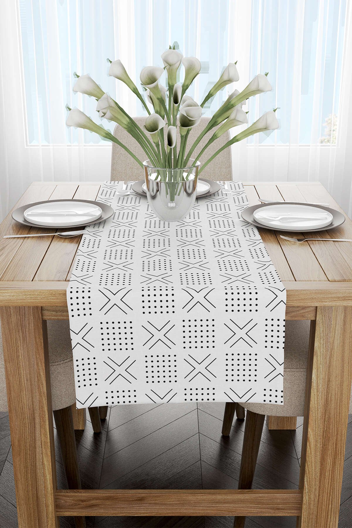 Beyaz Siyah Geometrik Dijital Baskılı Runner - - CGH316-RN
