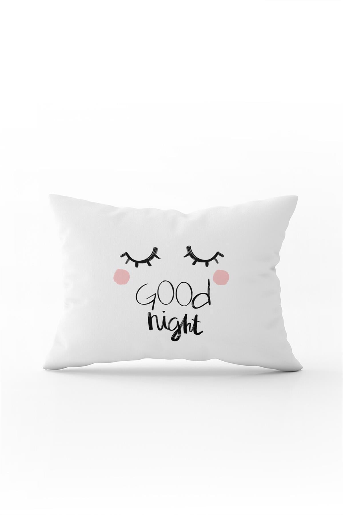 Beyaz Siyah Goog Night Yazılı Dekoratif Dijital Baskı Kırlent Yastık Kılıfı - CGH473-3550 Çift Tarafı Baskılı