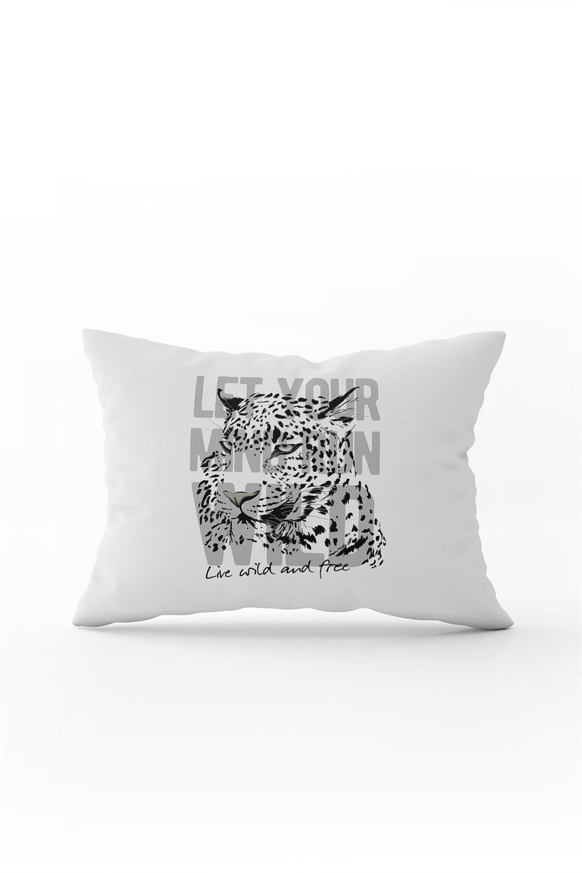 Beyaz Siyah Leopar Figürlü Yazılı Dijital Baskı Kırlent Yastık Kılıfı - CGH375-3550 Çift Tarafı Baskılı