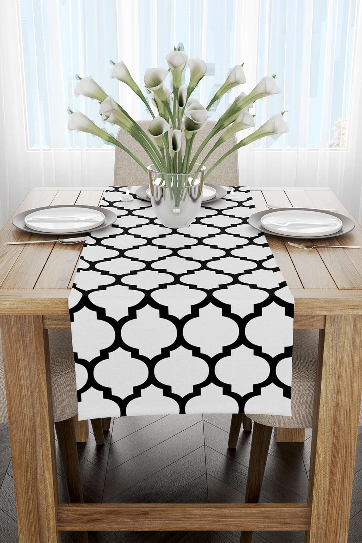 Beyaz Siyah Modern Geometrik Desenli Dijital Baskılı Runner - OTYK551-RN