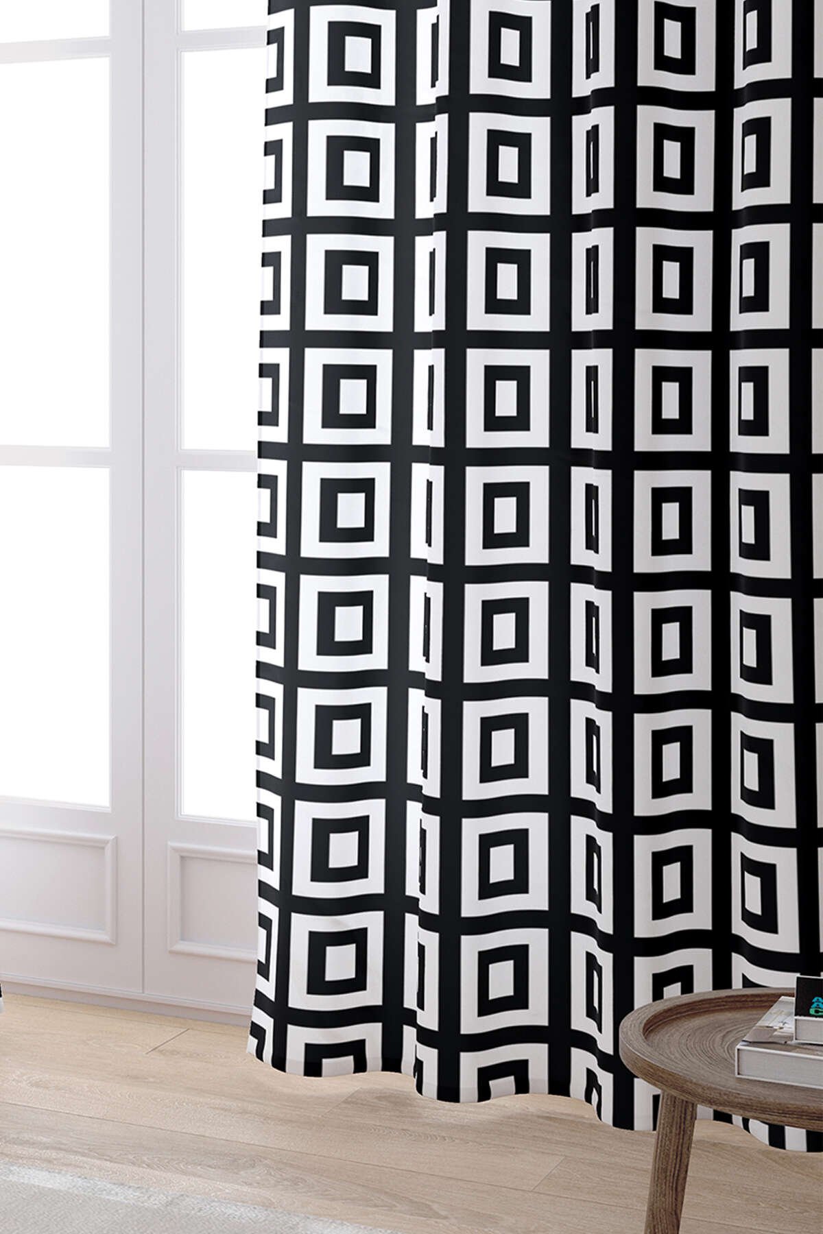 Beyaz Siyah Modern Geometrik Kare Desenli Dijital Baskılı Perde OTYK558-PR