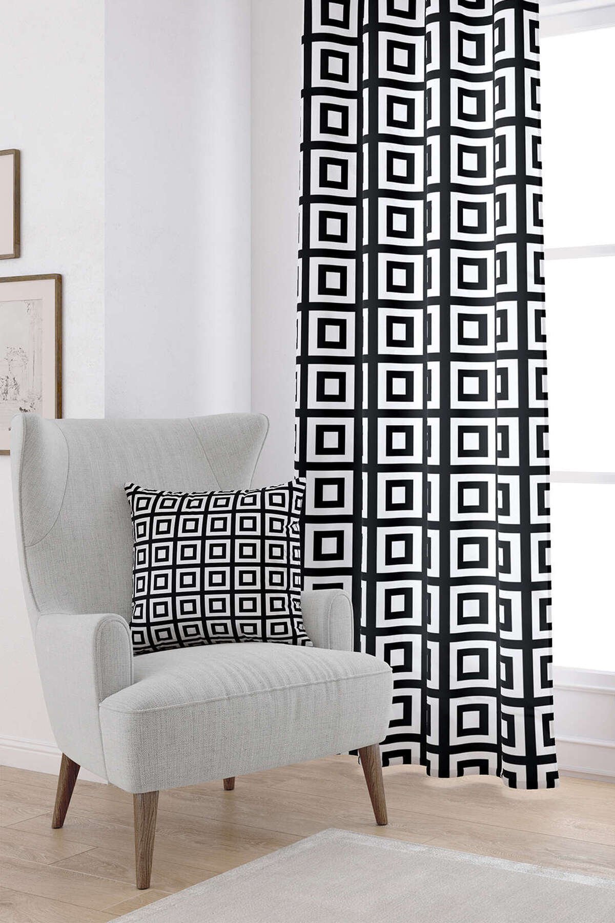 Beyaz Siyah Modern Geometrik Kare Desenli Dijital Baskılı Perde OTYK558-PR