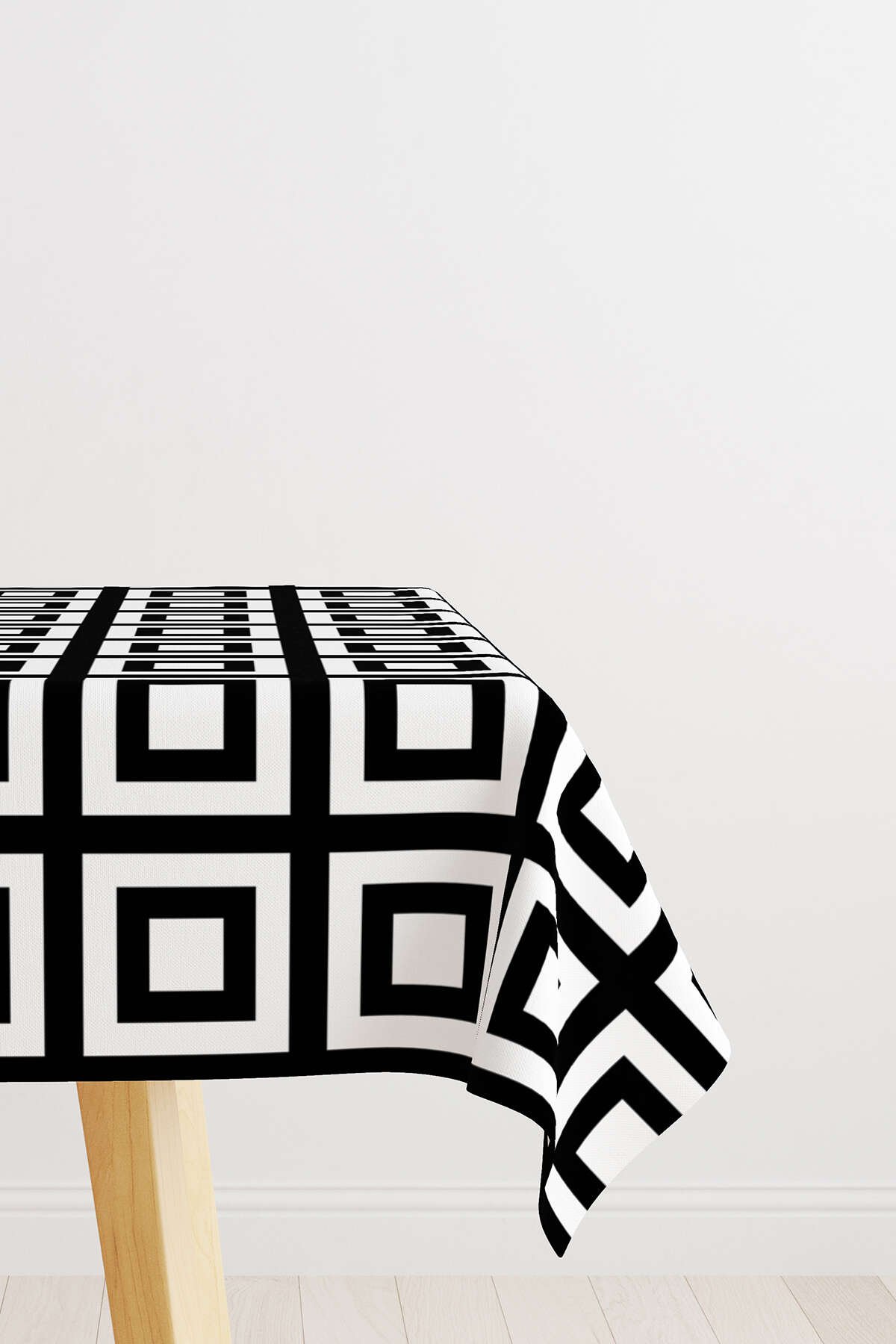 Beyaz Siyah Modern Geometrik Kare Desenli Dijital Baskılı Masaörtüsü OTYK558-MS