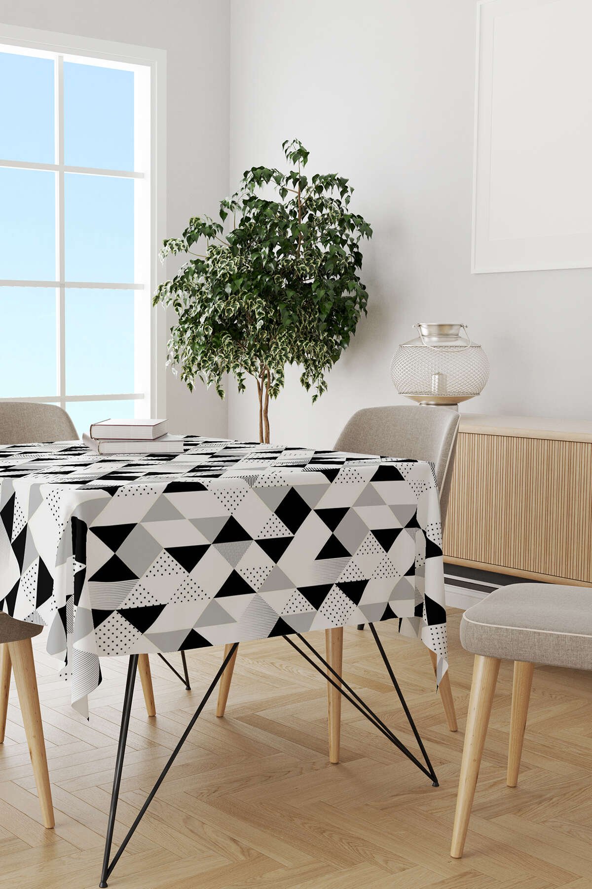 Beyaz Siyah Modern Geometrik Masaörtüsü CGH245-MS