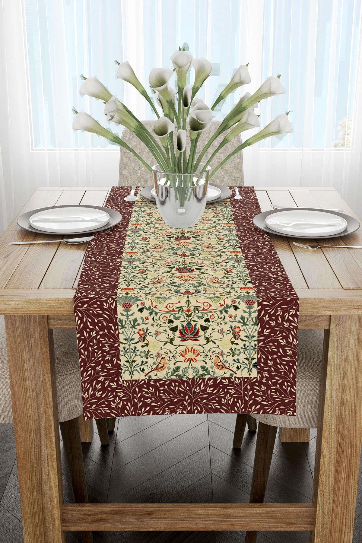 Bordo Motifli Çiçek Kuş Desenli Dijital Baskılı Runner CGH1369-RN