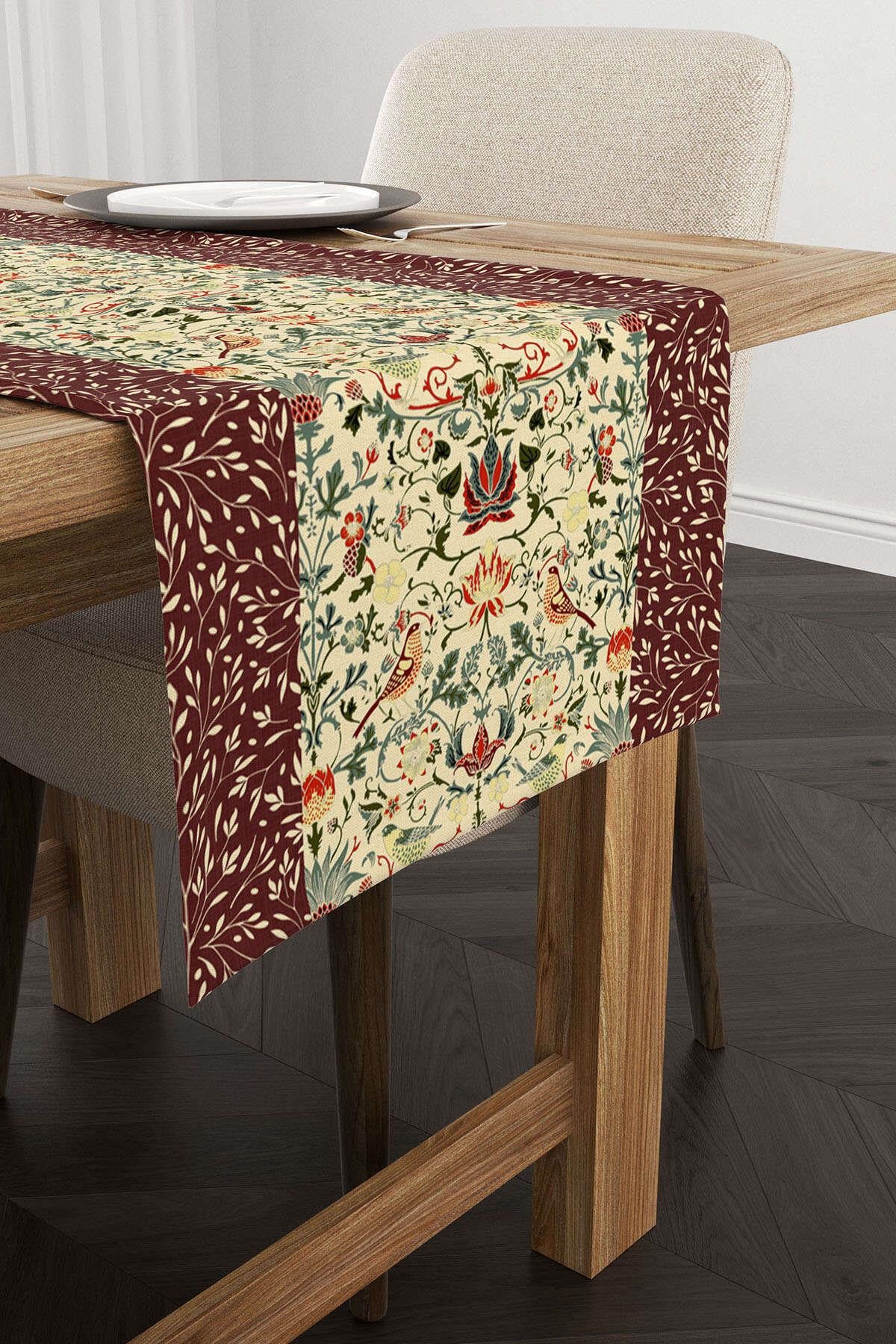 Bordo Motifli Çiçek Kuş Desenli Dijital Baskılı Runner CGH1370-RN