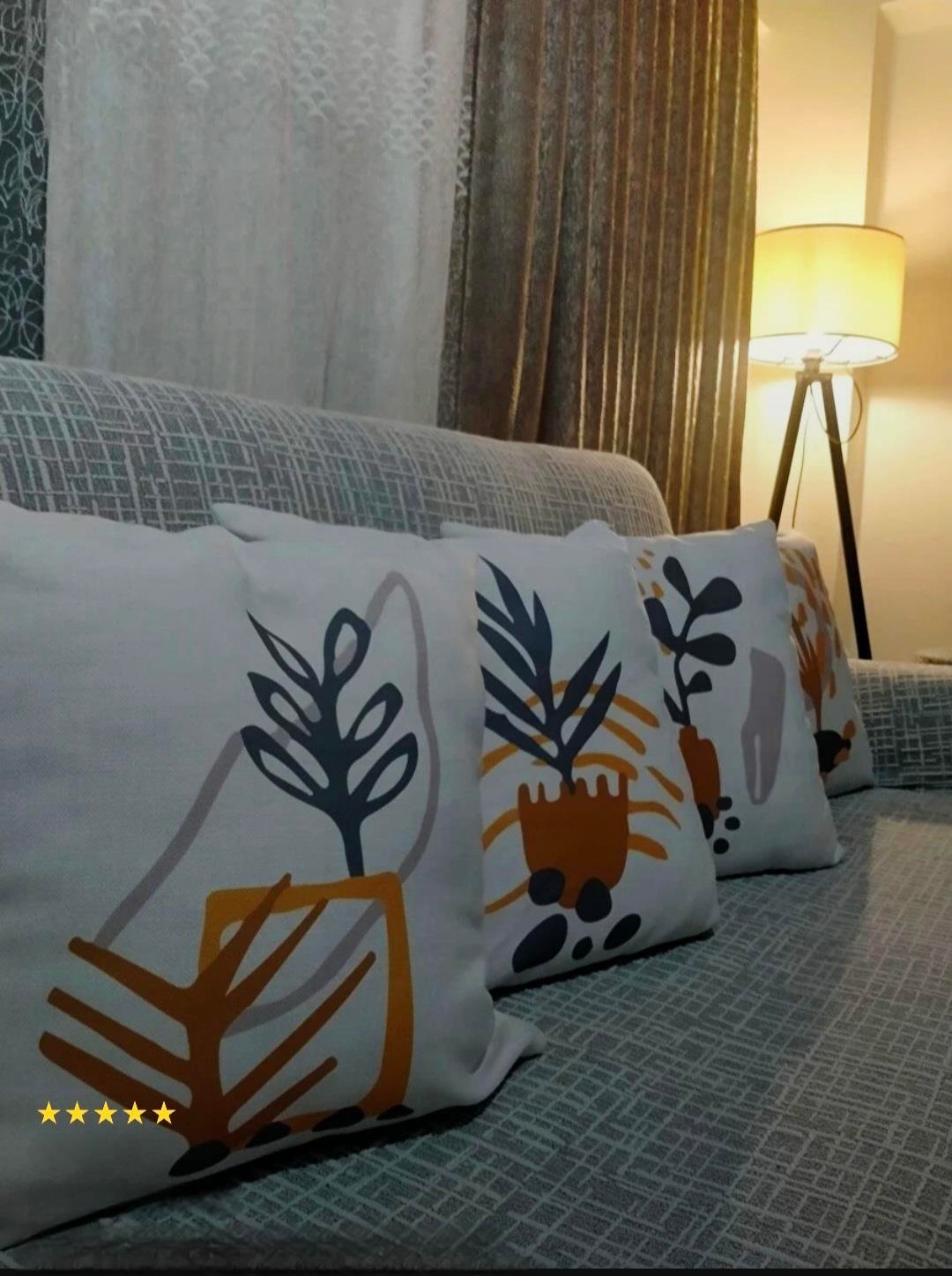 Gri Sarı Bohem Tarz Yaprak Desenli Dijital Baskılı Kırlent Yastık Kılıfı Seti 4kmbs104