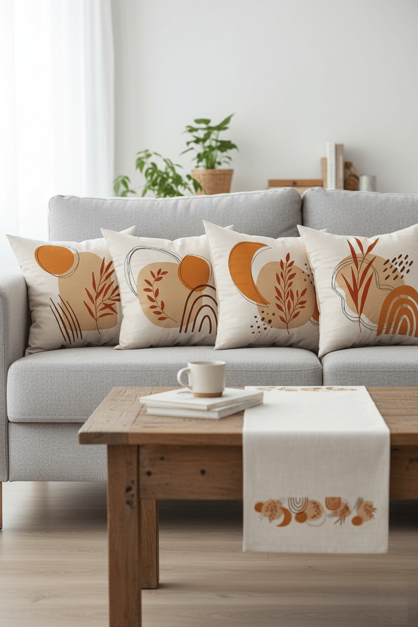 Turuncu Kahverengi Bohem Modern Desenli 4'lü Kırlent Kılıfı 1 Runner Seti 4kmbs106-RS