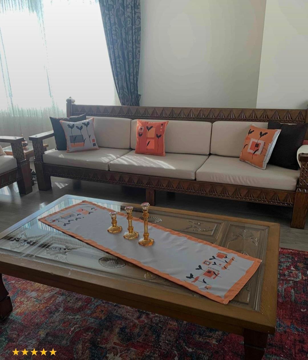 Turuncu Sarı Bohem Yaprak Desenli 4'lü Kırlent Kılıfı 1 Runner Seti 4kmbs138-RS