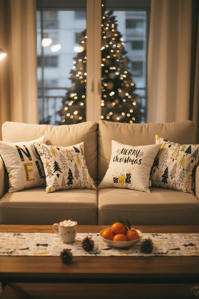 Sarı Siyah Yılbaşı Temalı 4'lü Kırlent Kılıfı 1 Runner Seti 4kmbs148-RS