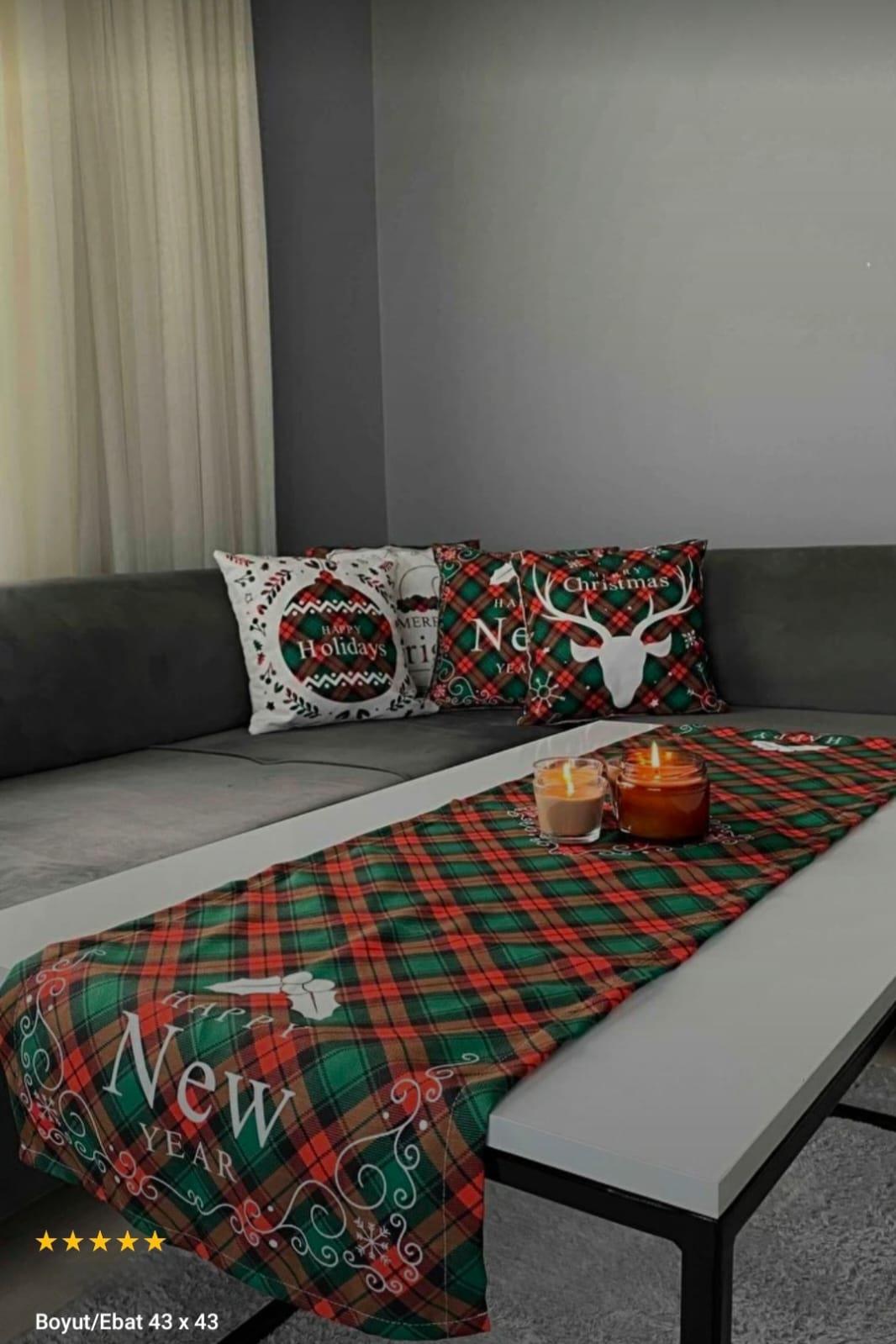 Kırmızı Yeşil Ekose Yılbaşı Temalı 4'lü Kırlent Kılıfı 1 Runner Seti 4kmbs172-RS