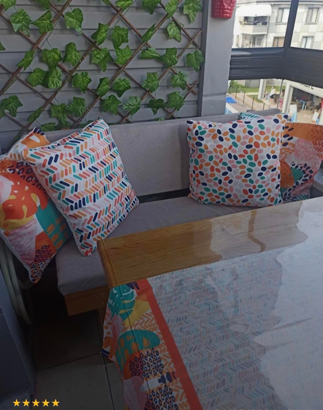 Turuncu Yeşil Tropik Geometrik Desenli 4'lü Kırlent Kılıfı 1 Runner Seti 4kmbs247-RS