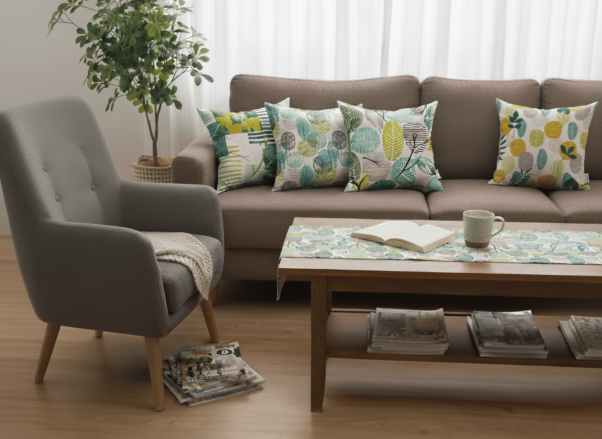 Sarı Yeşil Dekoratif Yaprak Desenli 4'lü Kırlent Kılıfı 1 Runner Seti 4kmbs289-RS