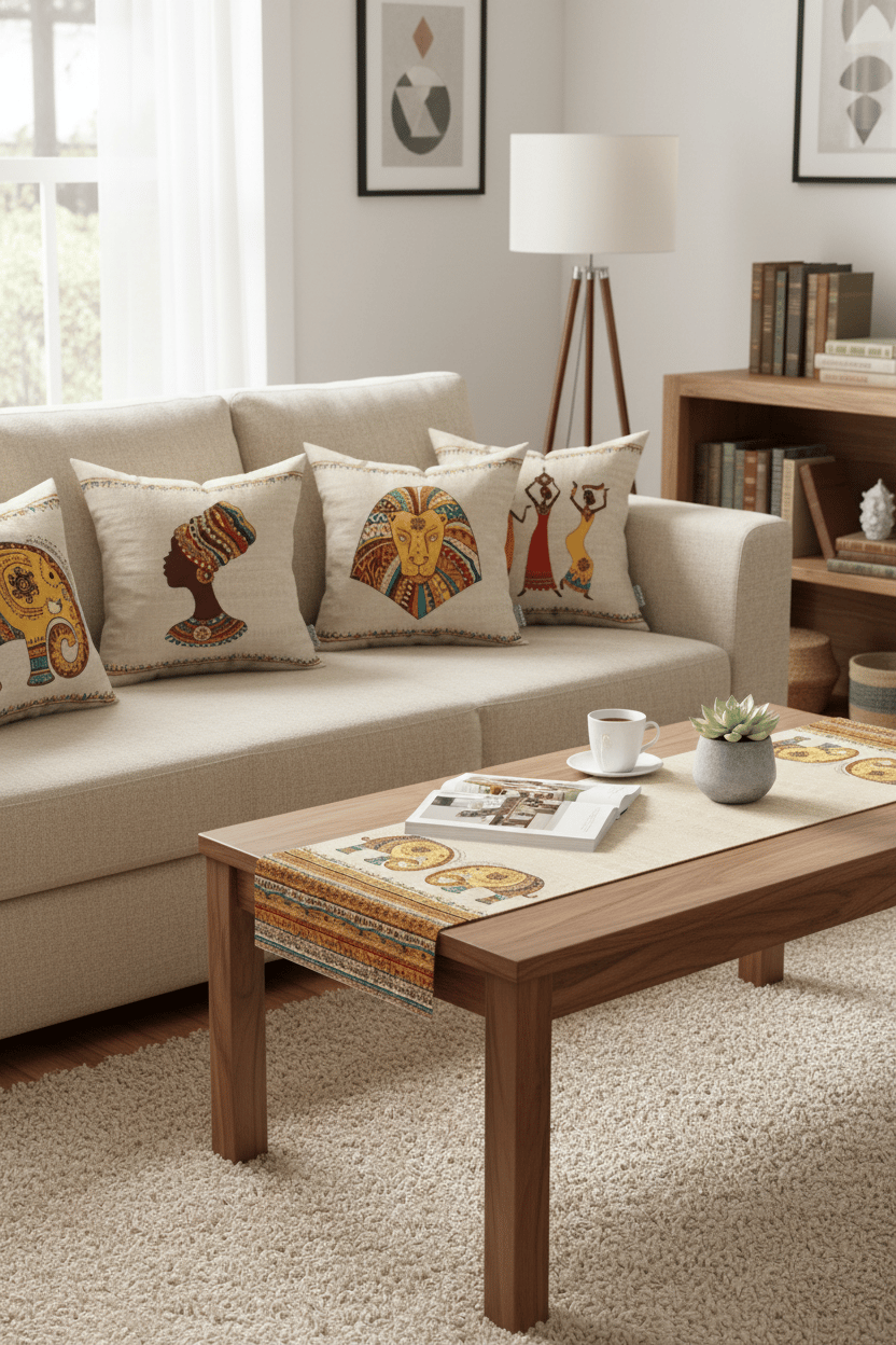 Krem Etnik Afrika Figürlü Fil Desenli 4'lü Kırlent Kılıfı 1 Runner Seti 4kmbs304-RS-1