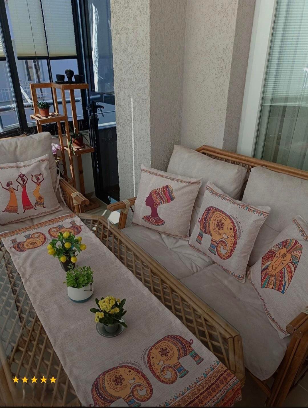 Krem Etnik Afrika Figürlü Fil Desenli 4'lü Kırlent Kılıfı 1 Runner Seti 4kmbs304-RS-1