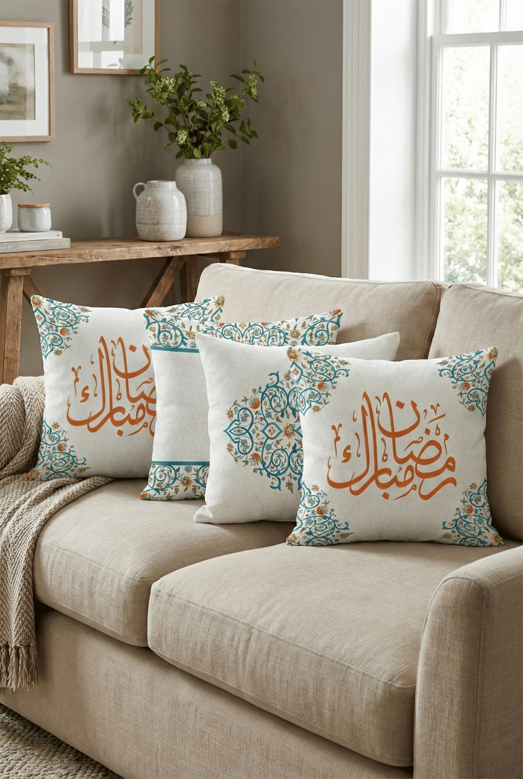 Mavi Turuncu Motifli Ramazan Temalı 4'lü Dijital Baskılı Kırlent Kılıfı Seti 4kMBS332