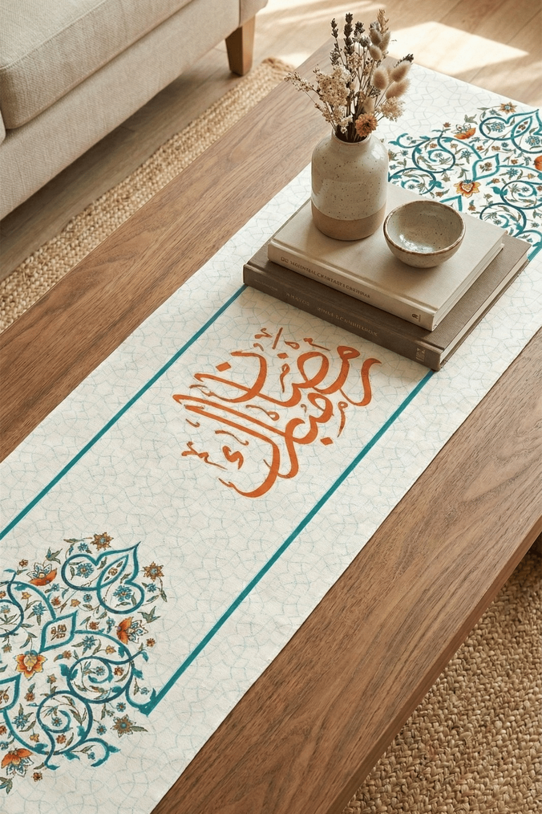 Mavi Turuncu Motifli Ramazan Temalı 4'lü Kırlent Kılıfı 1 Runner Seti 4kMBS332-RS