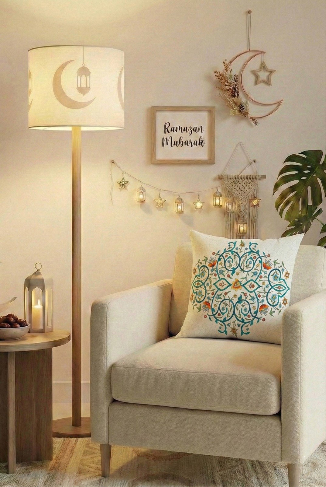 Mavi Turuncu Motifli Ramazan Temalı 4'lü Kırlent Kılıfı 1 Runner Seti 4kMBS332-RS