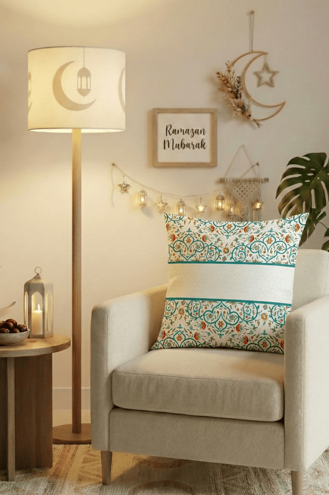 Mavi Turuncu Motifli Ramazan Temalı 4'lü Kırlent Kılıfı 1 Runner Seti 4kMBS332-RS