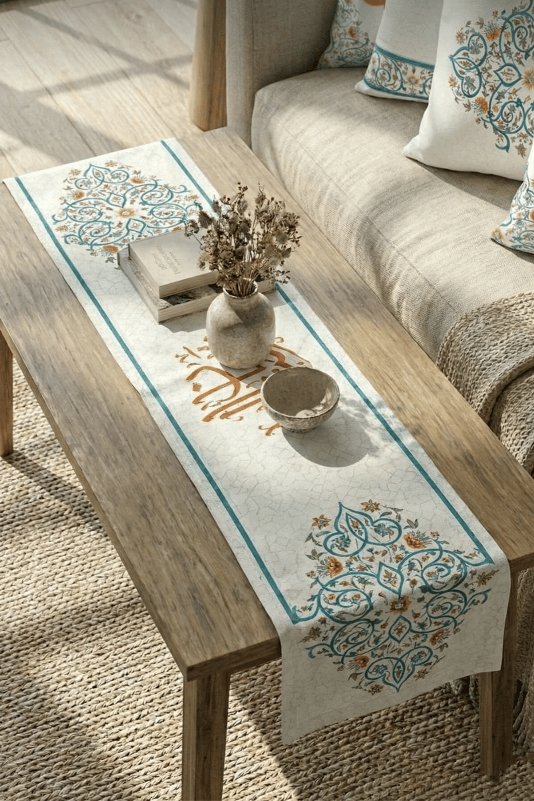 Mavi Turuncu Motifli Ramazan Temalı 4'lü Kırlent Kılıfı 1 Runner Seti 4kMBS332-RS